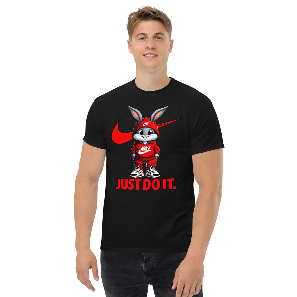 Person wearing a black t-shirt with a cartoon character and 'Just Do It' text on a white background