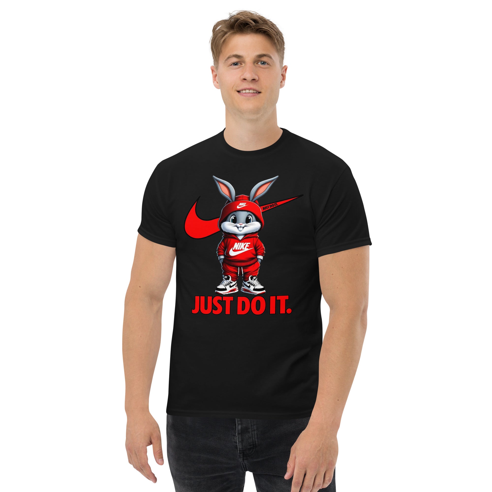 Person wearing a black t-shirt with a cartoon character and 'Just Do It' text on a white background