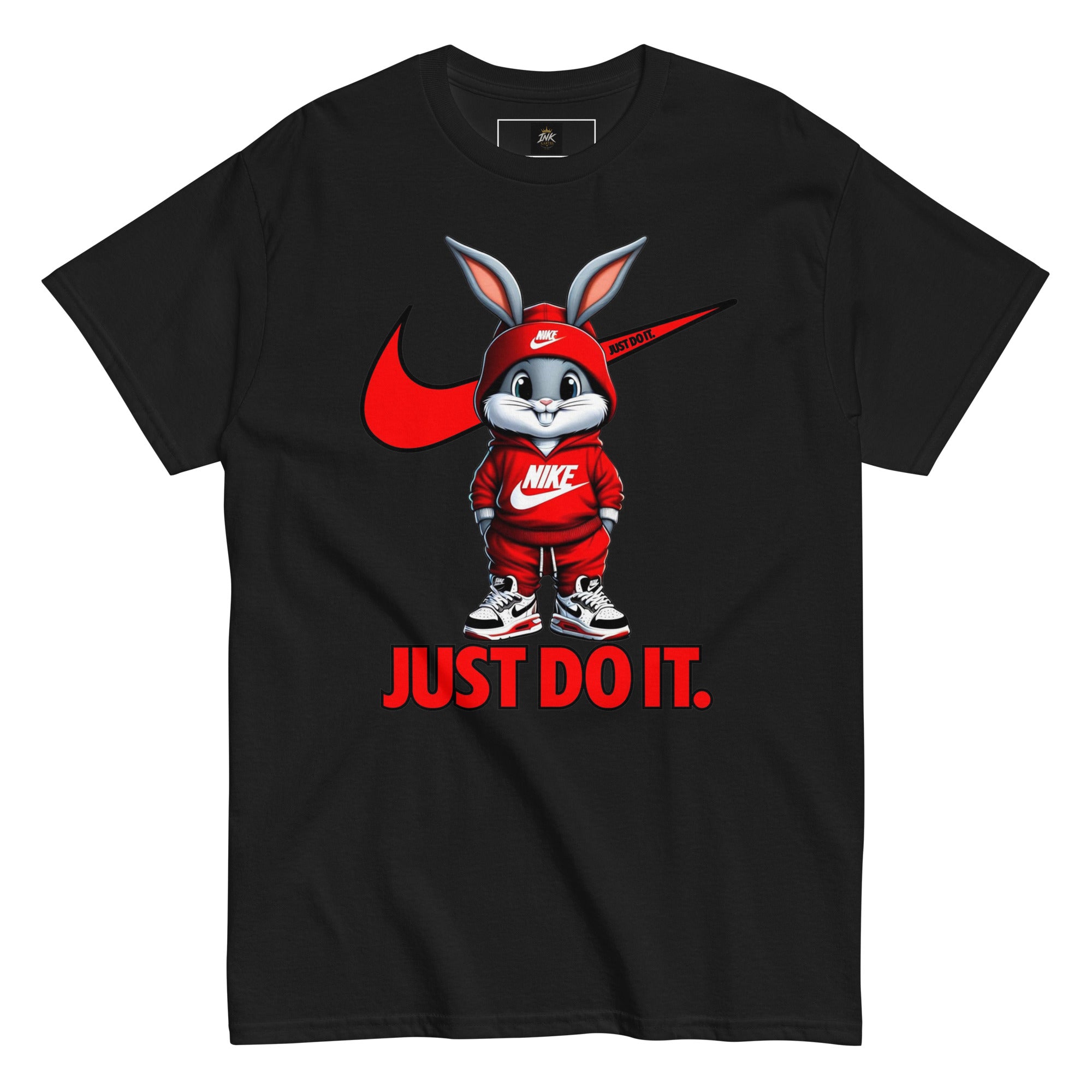 Black t-shirt with a cartoon character in a red outfit and Nike logo, featuring 'Just Do It.' text.