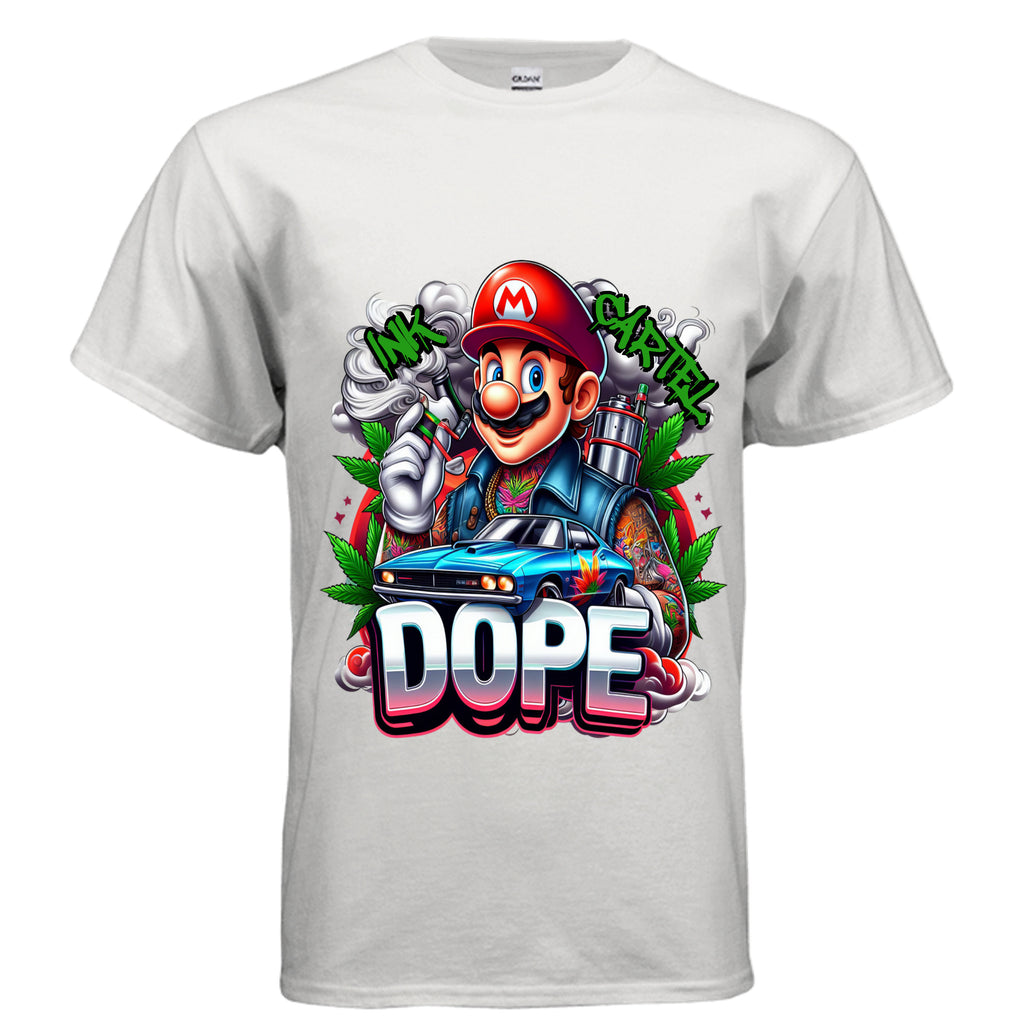  Ink Cartel Dope Plumber Lowrider Edition T-shirt with stylized plumber character cruising a lowrider, urban streetwear aesthetic