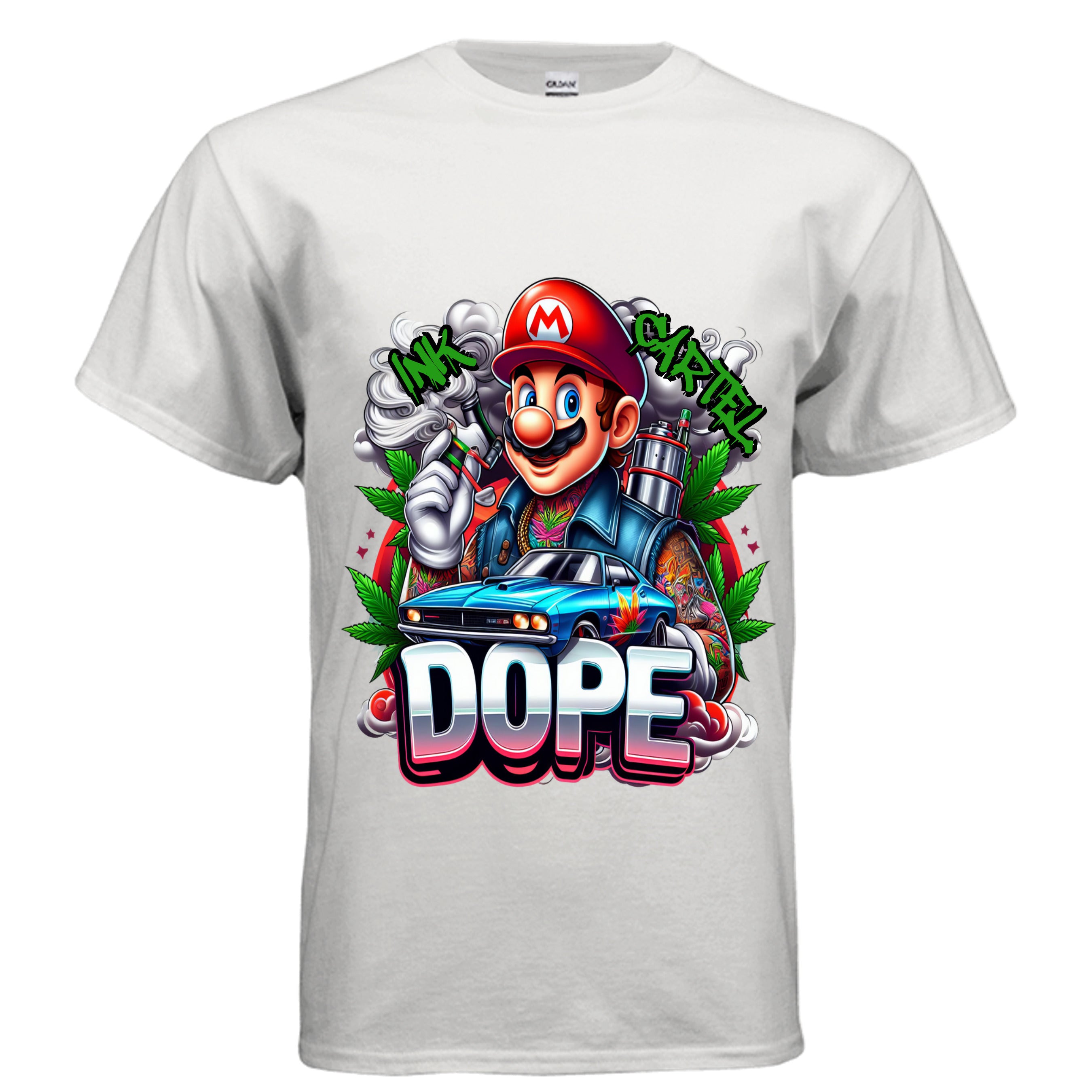  Ink Cartel Dope Plumber Lowrider Edition T-shirt with stylized plumber character cruising a lowrider, urban streetwear aesthetic