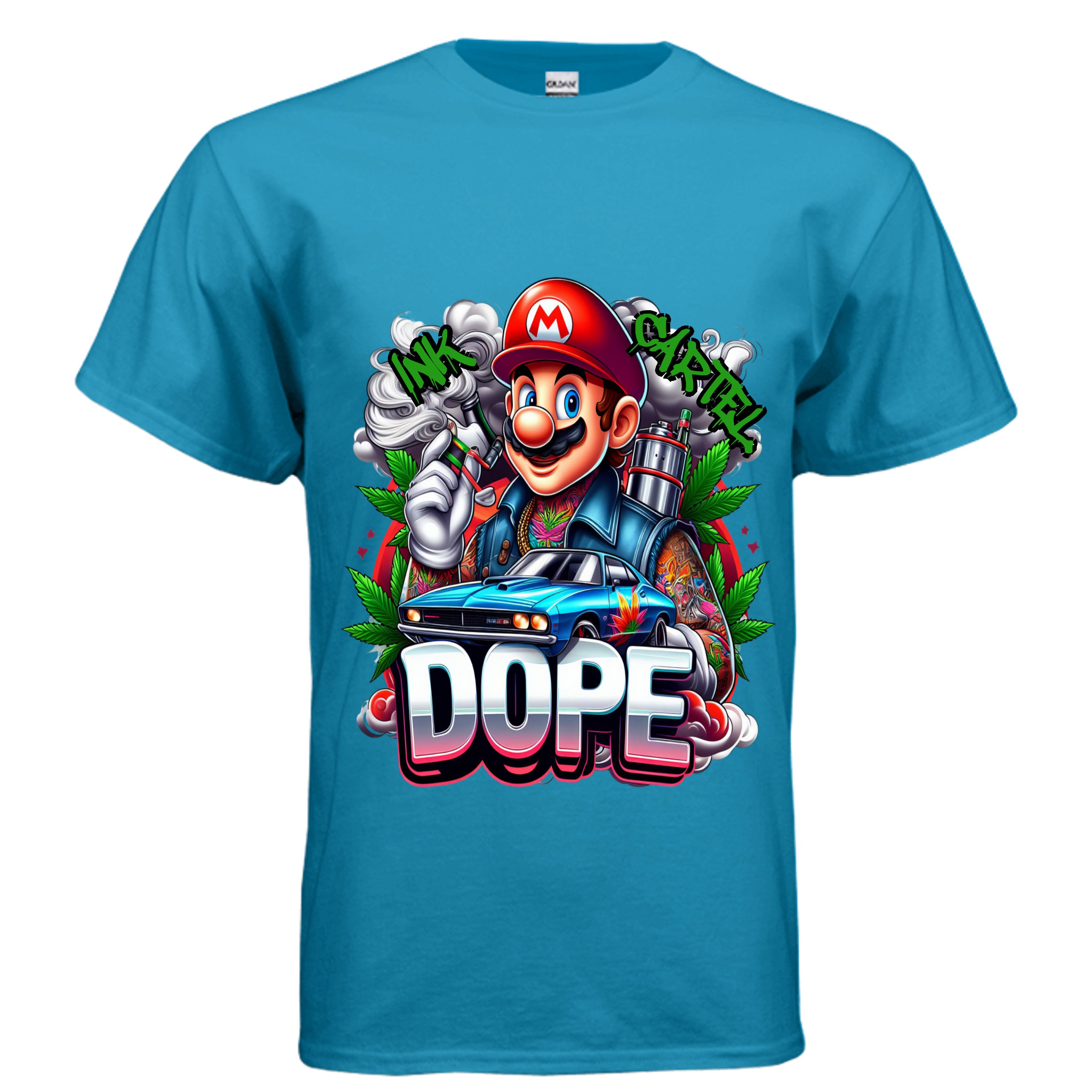  Ink Cartel Dope Plumber Lowrider Edition T-shirt with stylized plumber character cruising a lowrider, urban streetwear aesthetic