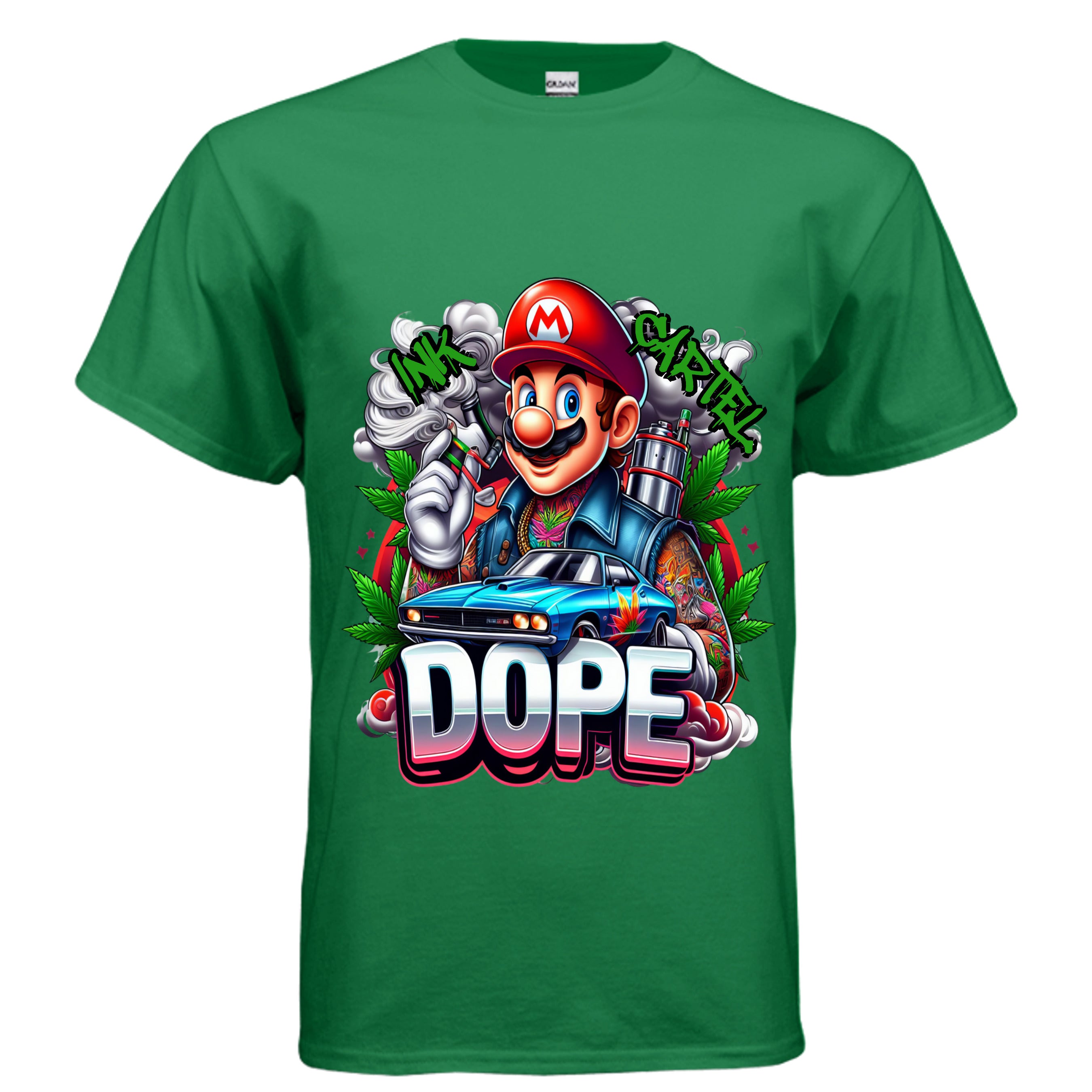  Ink Cartel Dope Plumber Lowrider Edition T-shirt with stylized plumber character cruising a lowrider, urban streetwear aesthetic
