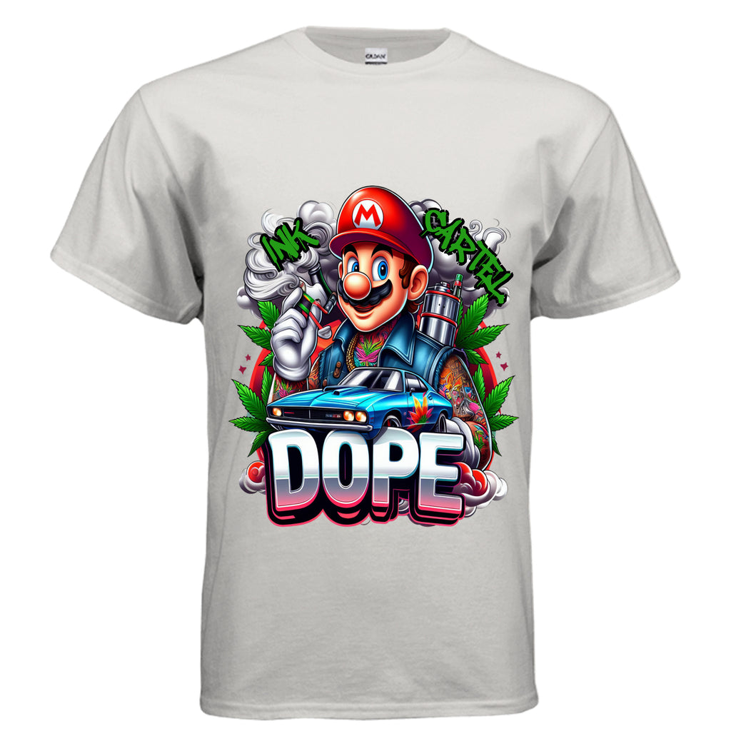 Ink Cartel Dope Plumber Lowrider Edition T-shirt with stylized plumber character cruising a lowrider, urban streetwear aesthetic