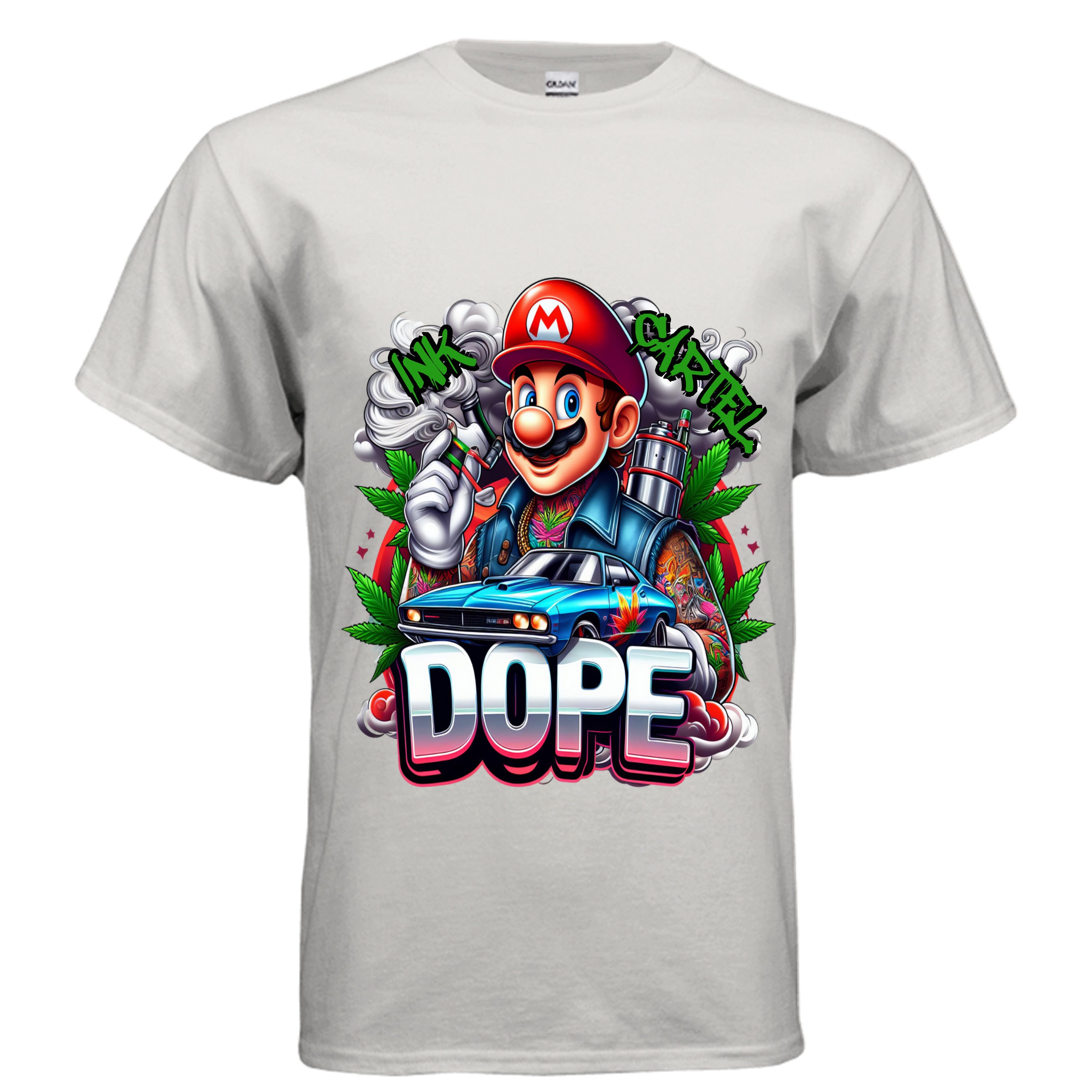 Ink Cartel Dope Plumber Lowrider Edition T-shirt with stylized plumber character cruising a lowrider, urban streetwear aesthetic