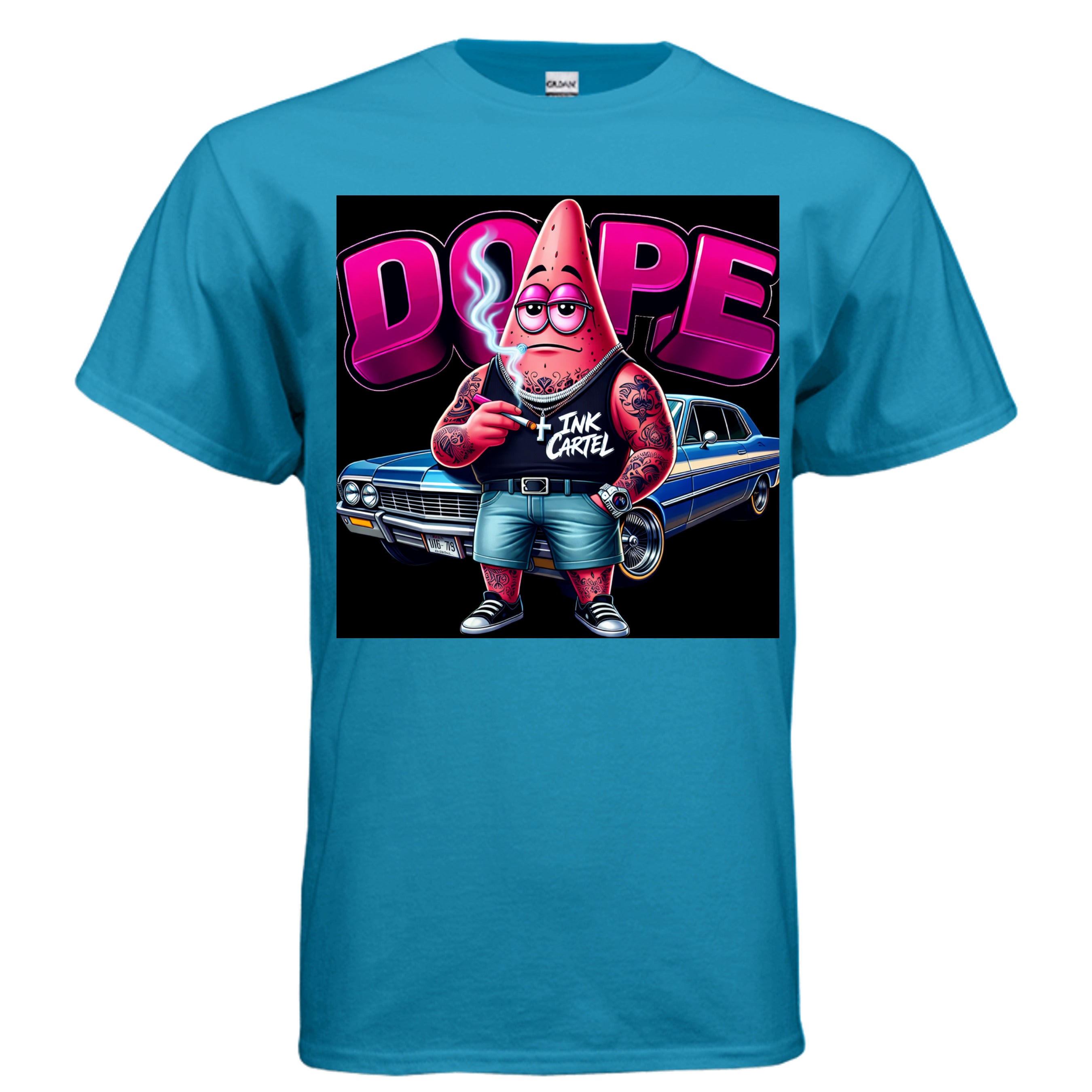  Ink Cartel Dope Star Lowrider Edition T-shirt with cartoon star figure cruising a lowrider, urban streetwear aesthetic