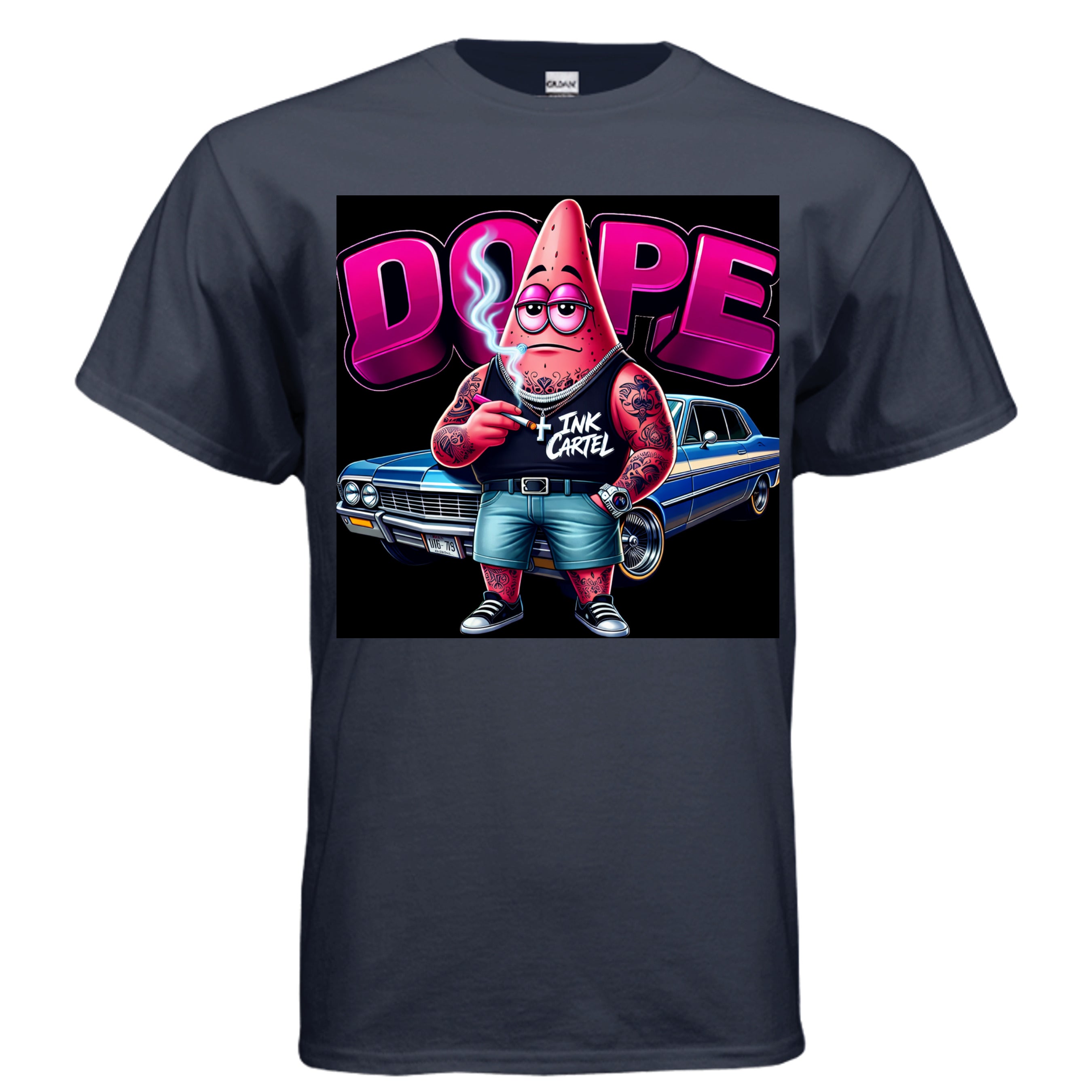  Ink Cartel Dope Star Lowrider Edition T-shirt with cartoon star figure cruising a lowrider, urban streetwear aesthetic