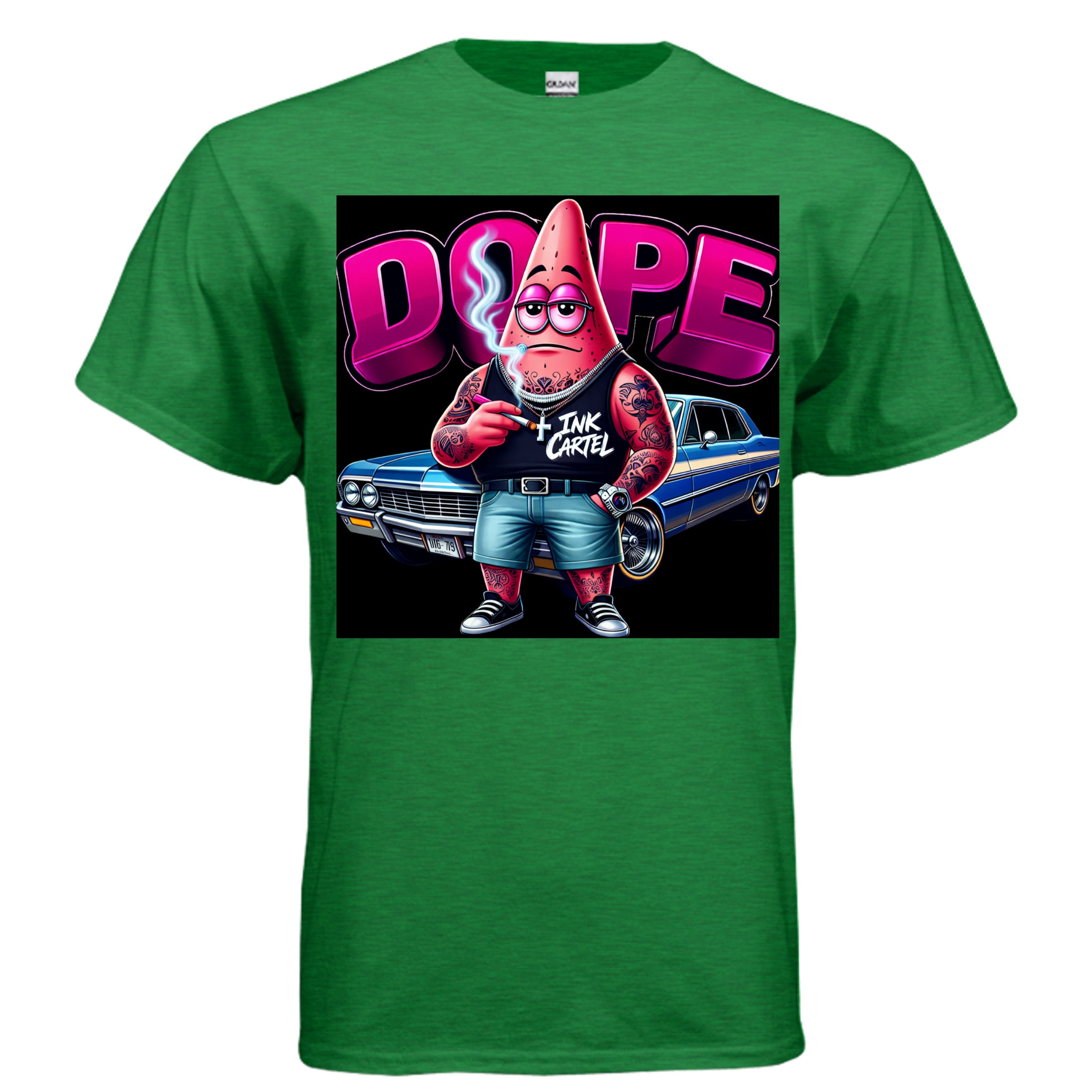  Ink Cartel Dope Star Lowrider Edition T-shirt with cartoon star figure cruising a lowrider, urban streetwear aesthetic