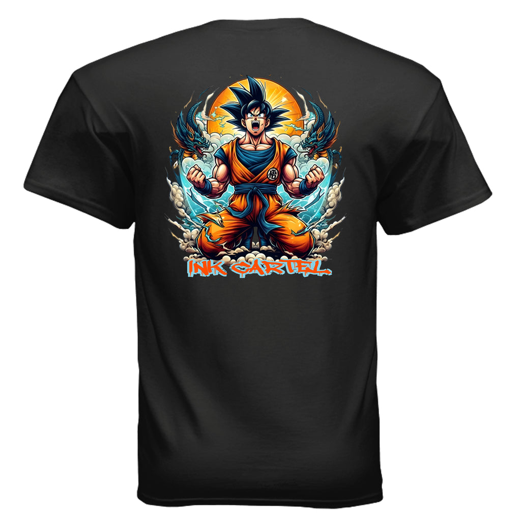 Black t-shirt with a colorful graphic of a character and two dragons on the back, on a white background.