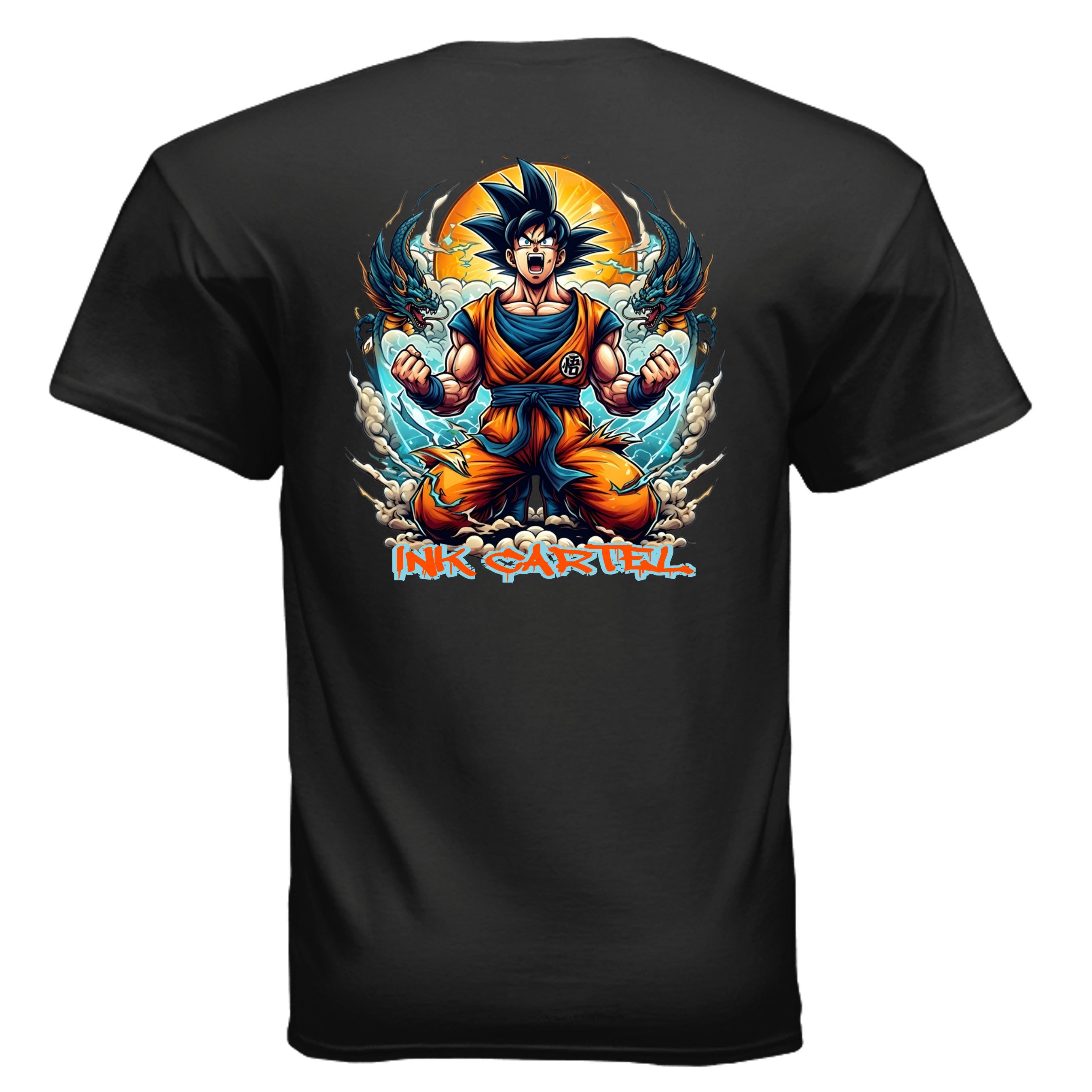 Black t-shirt with a colorful graphic of a character and two dragons on the back, on a white background.