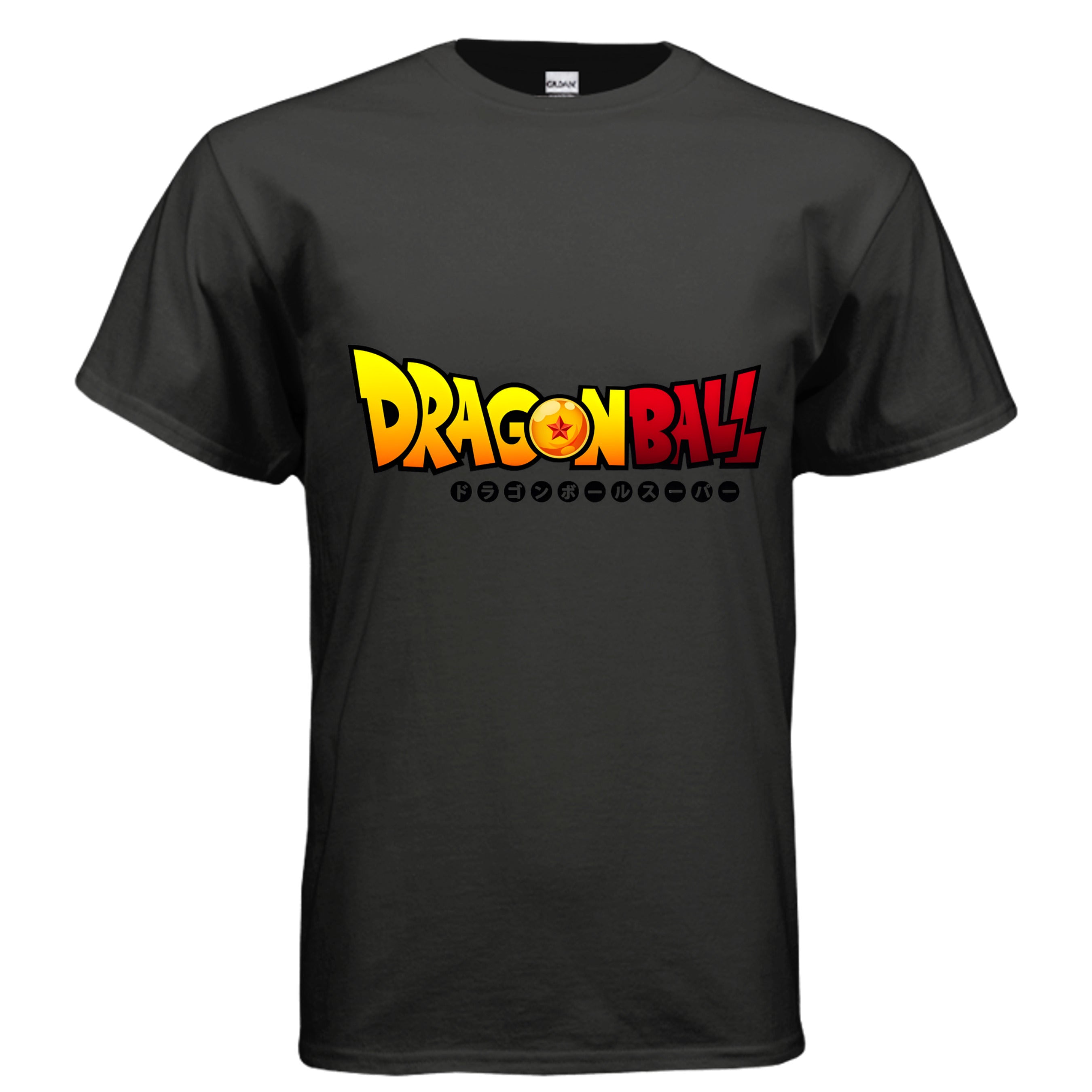 Black t-shirt with 'Dragon Ball' logo on a white background