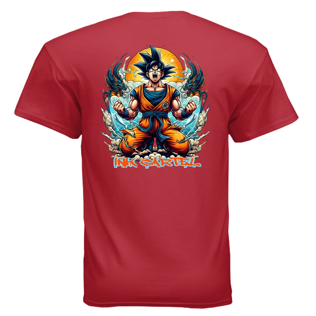 Red t-shirt with a colorful graphic of a character and 'INKGARTEN' branding on the back.