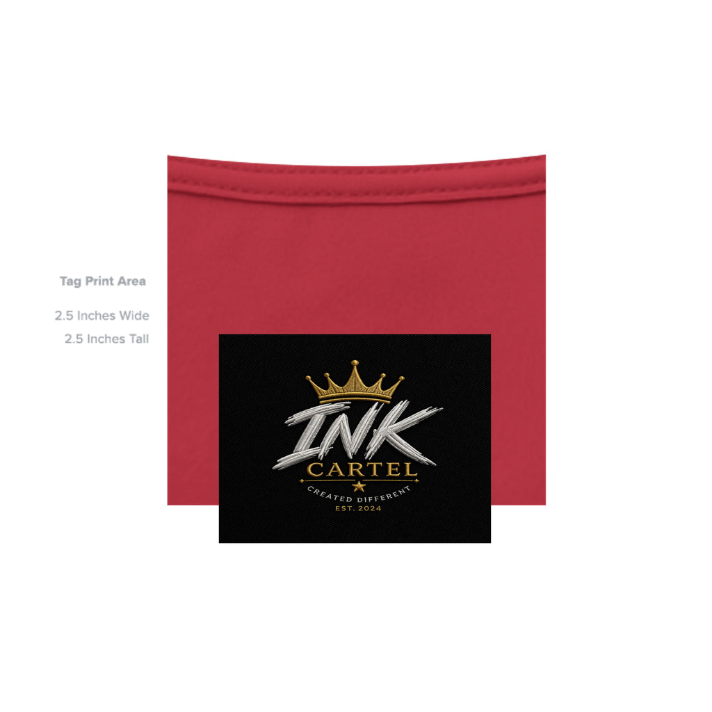 Red fabric with a 'INK CARTEL' logo on a black background