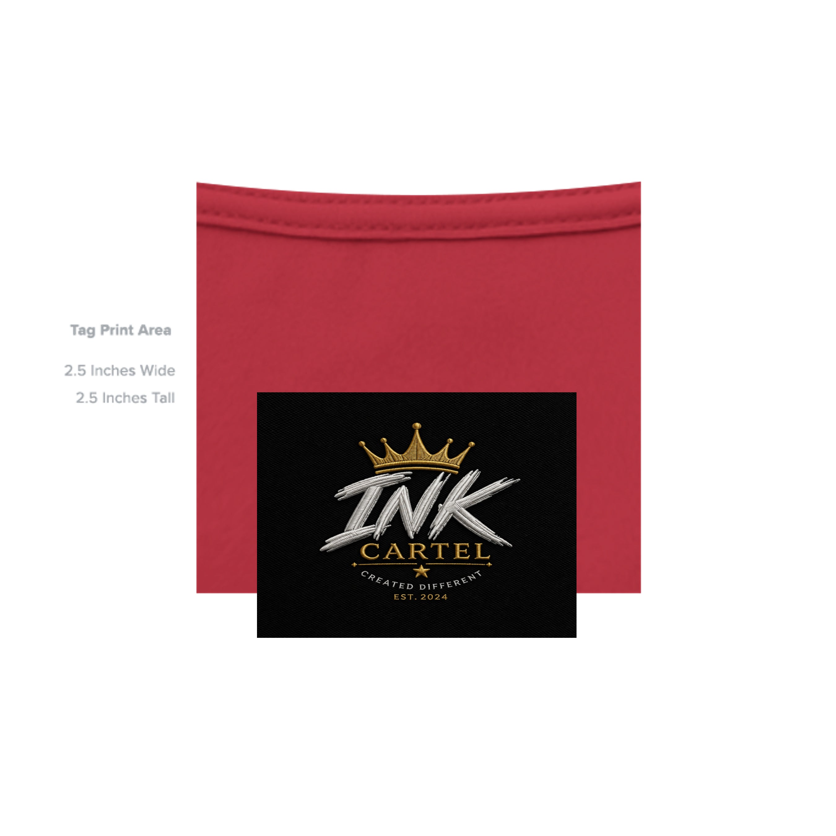 Red fabric with a 'INK CARTEL' logo on a black background