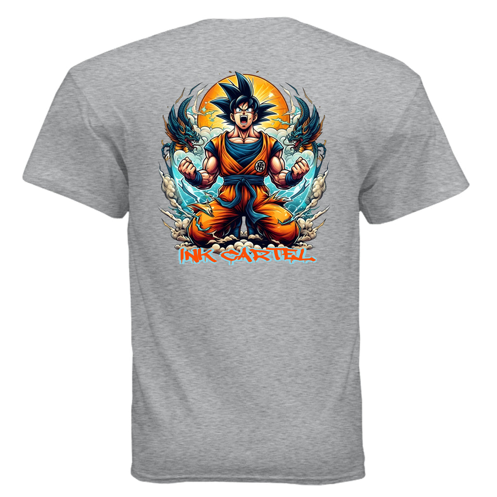 Gray t-shirt with a colorful graphic of a character and two dragons on the back, on a white background.