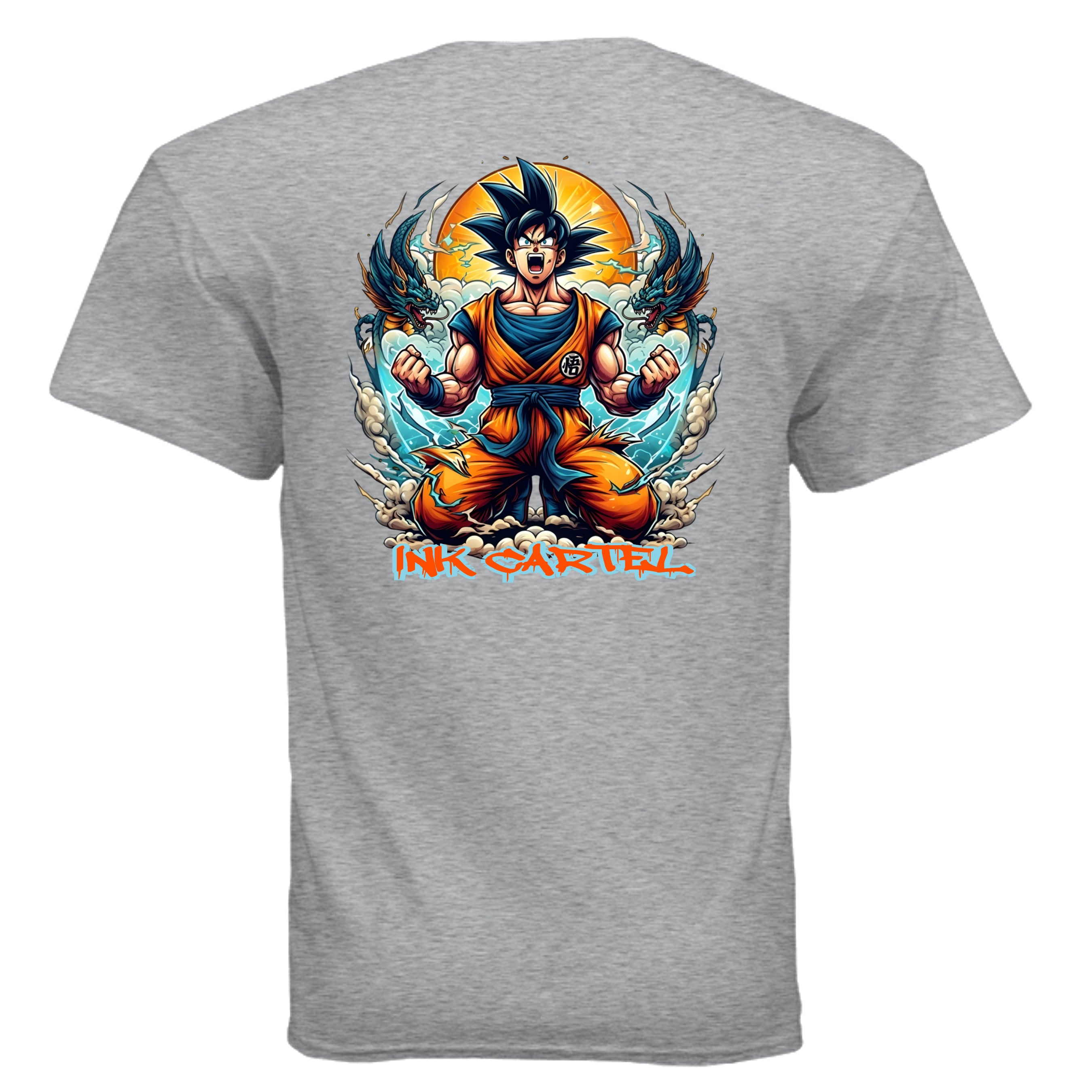Gray t-shirt with a colorful graphic of a character and two dragons on the back, on a white background.