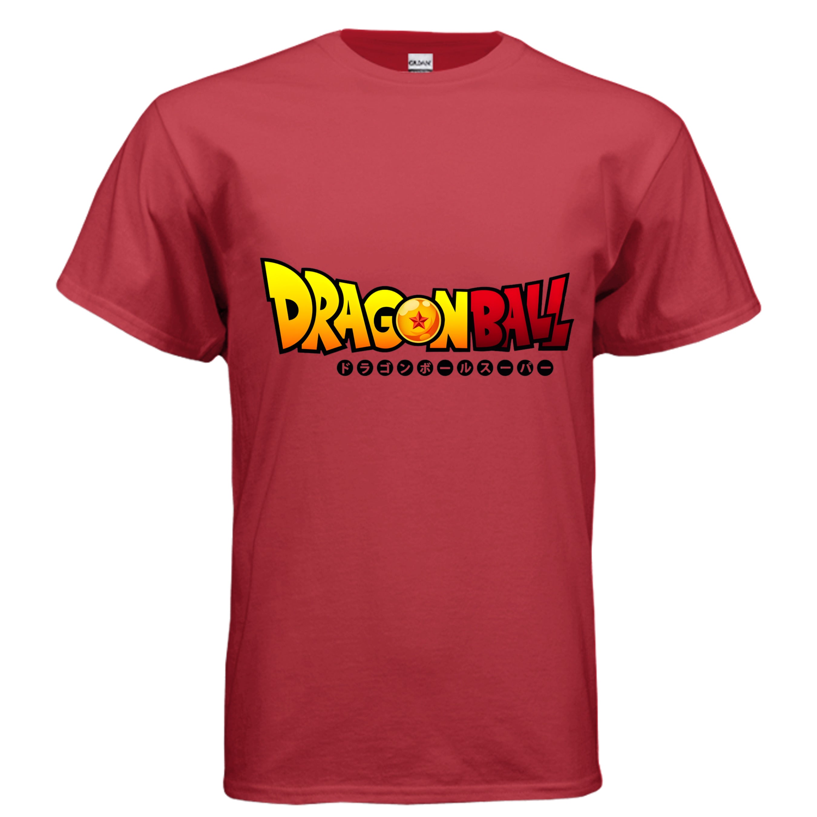 Red t-shirt with 'Dragon Ball' logo on a white background