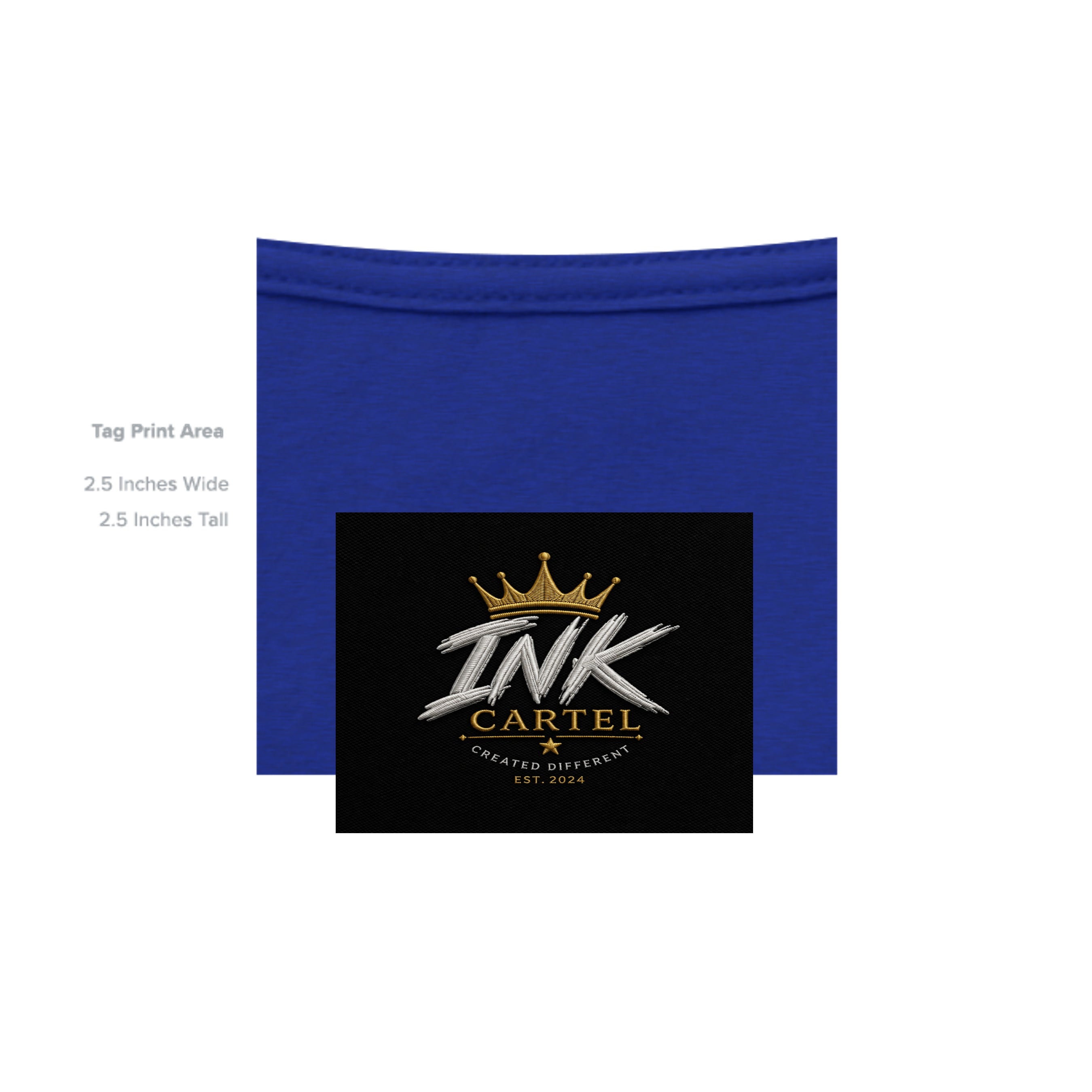 Blue fabric with 'INK CARTEL' logo on a white background