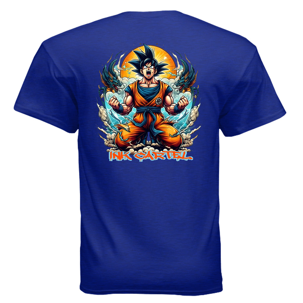 Blue t-shirt with a colorful graphic of a character and 'Ink Cartel' branding on the back.