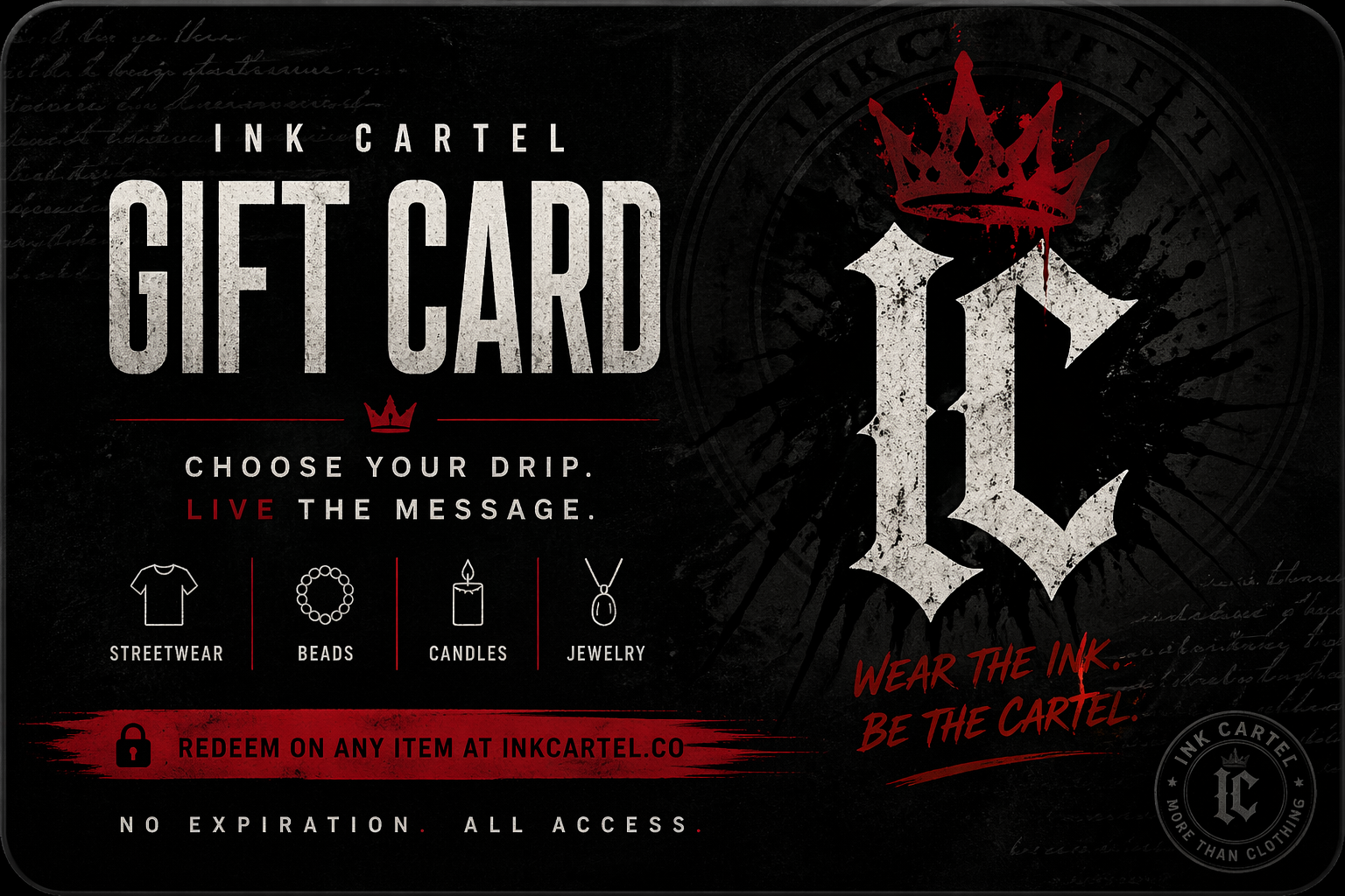 Ink Cartel branded digital gift card featuring urban streetwear style design for clothing and merchandise purchases online