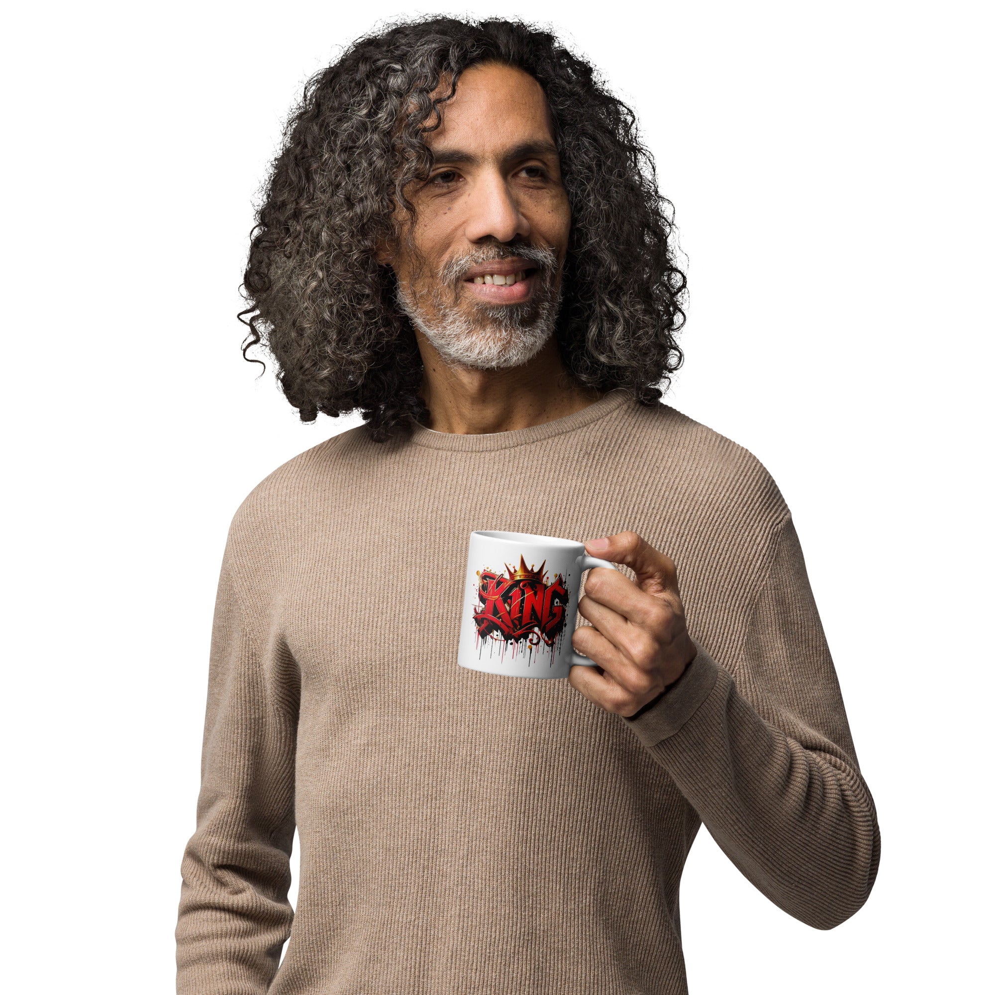 Man holding a mug with a lion design on a white background