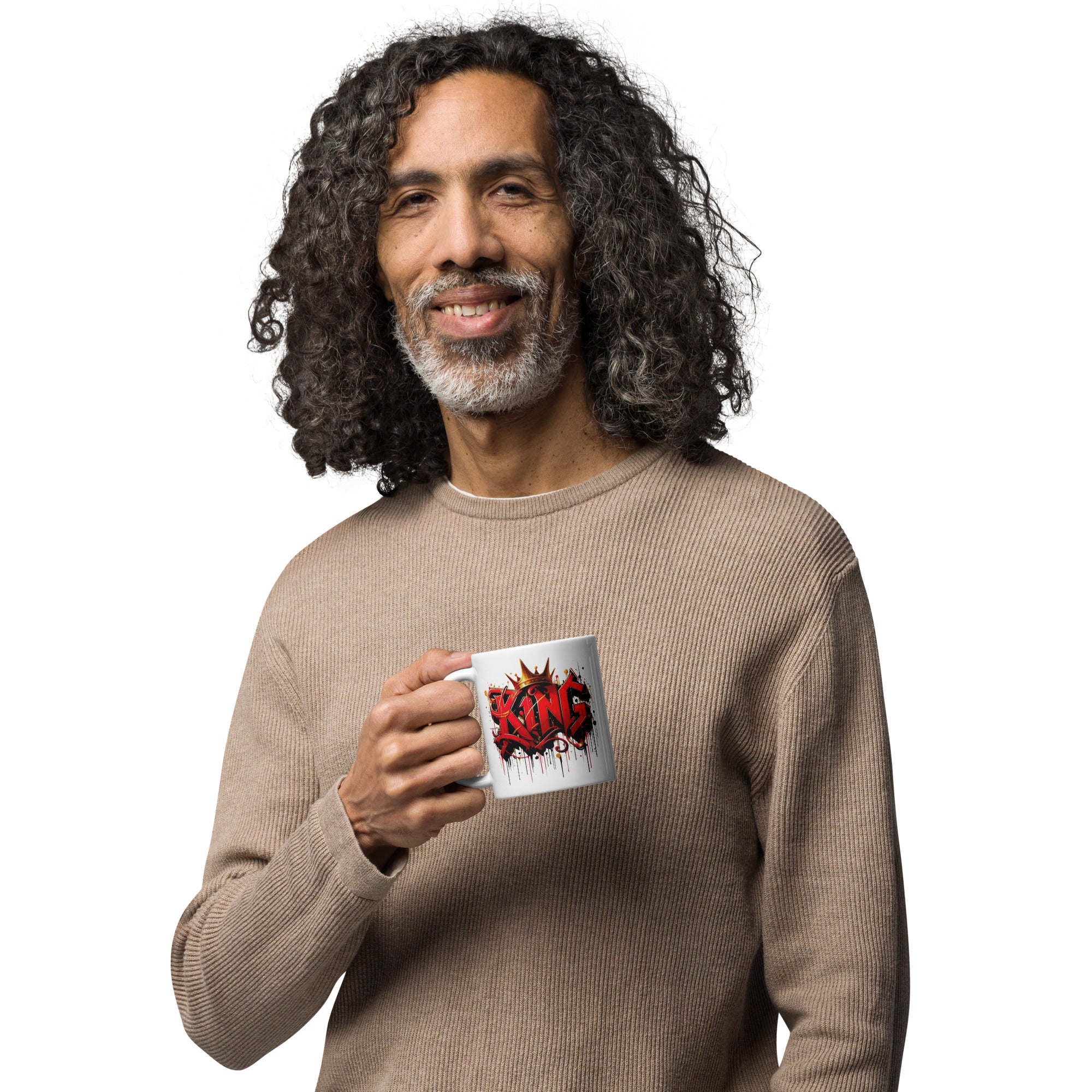 Man holding a mug with a graphic design on a white background