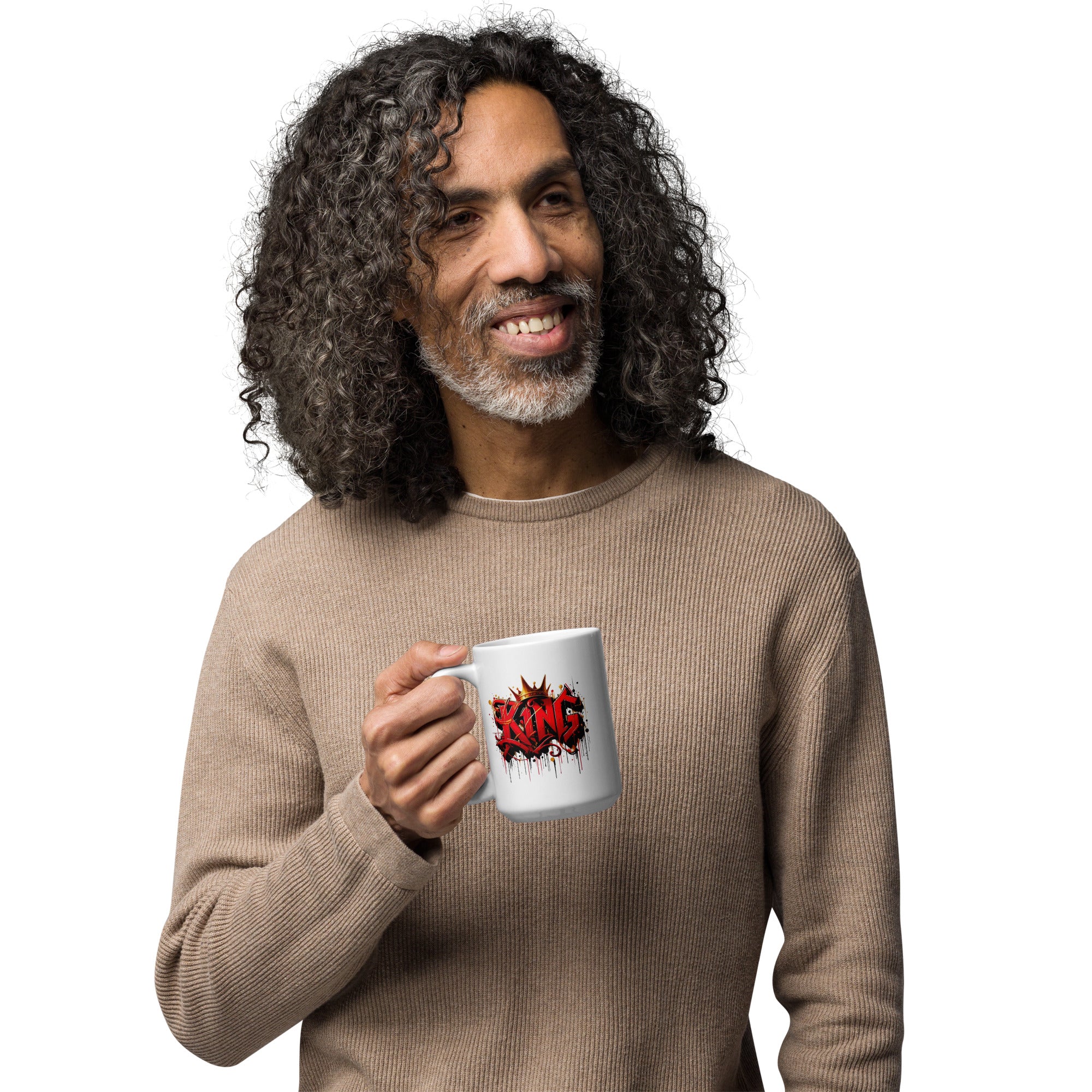 Man holding a mug with text on a white background