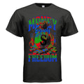 Black t-shirt with colorful graphic design and text on a white background