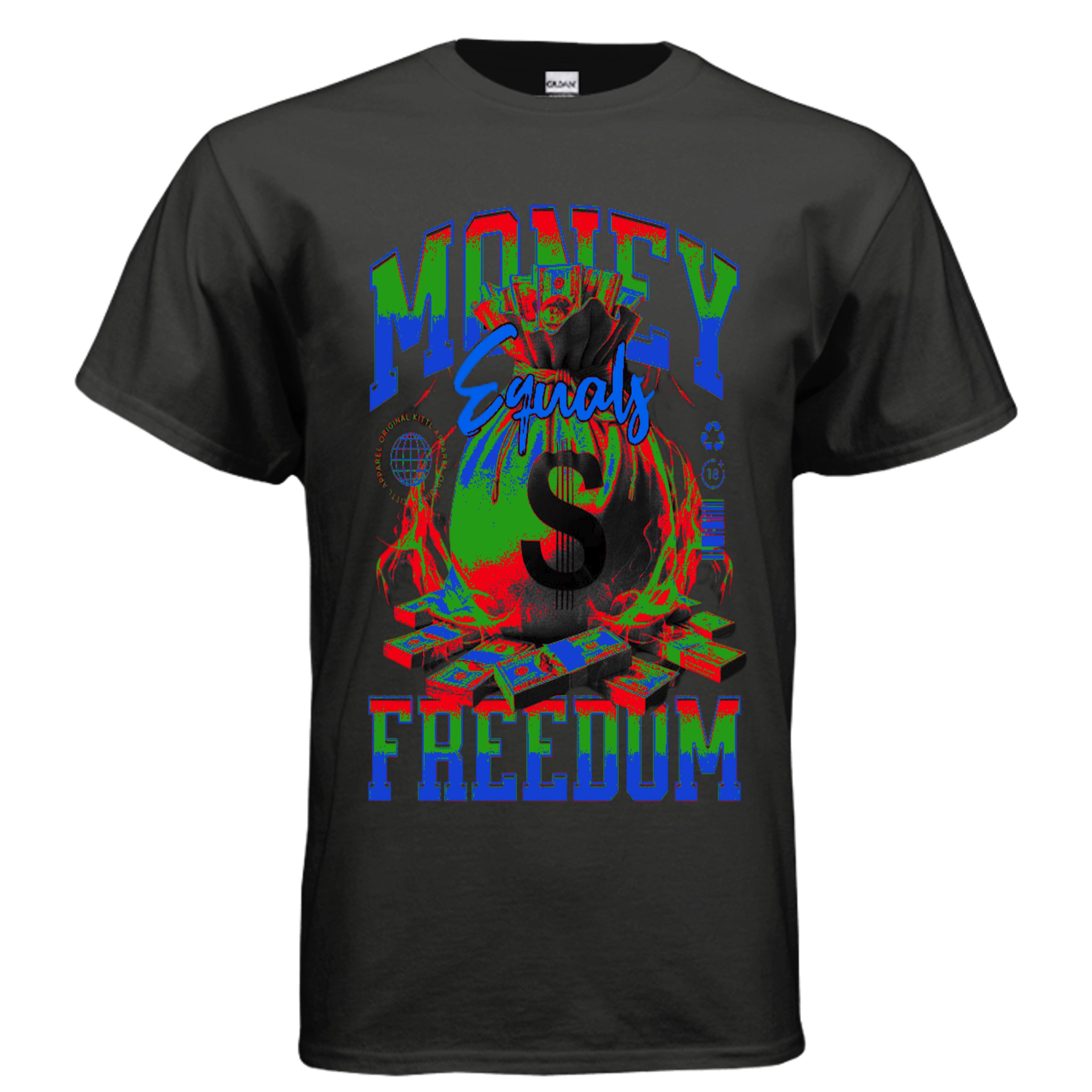Black t-shirt with colorful graphic design and text on a white background