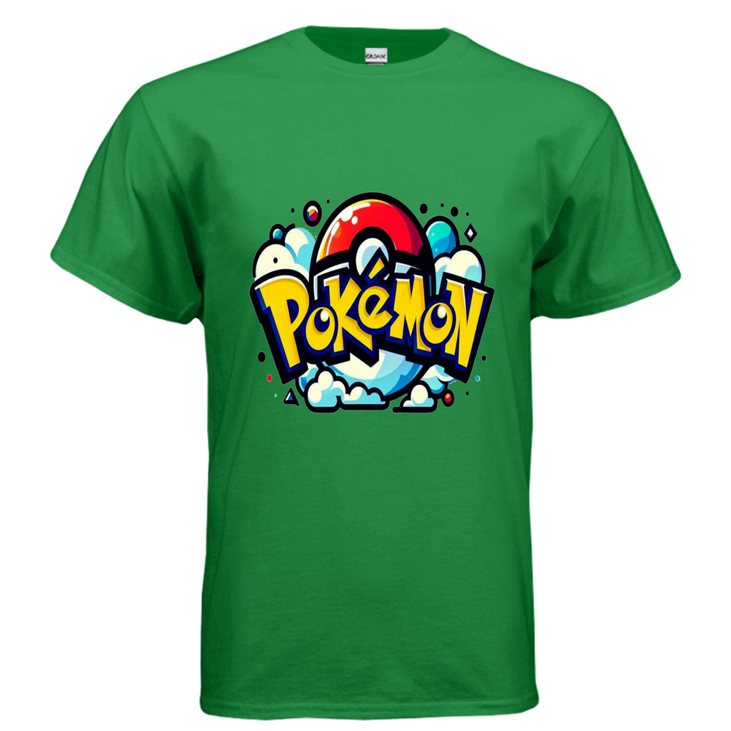 Green t-shirt with colorful 'Pokémon' logo on a white background