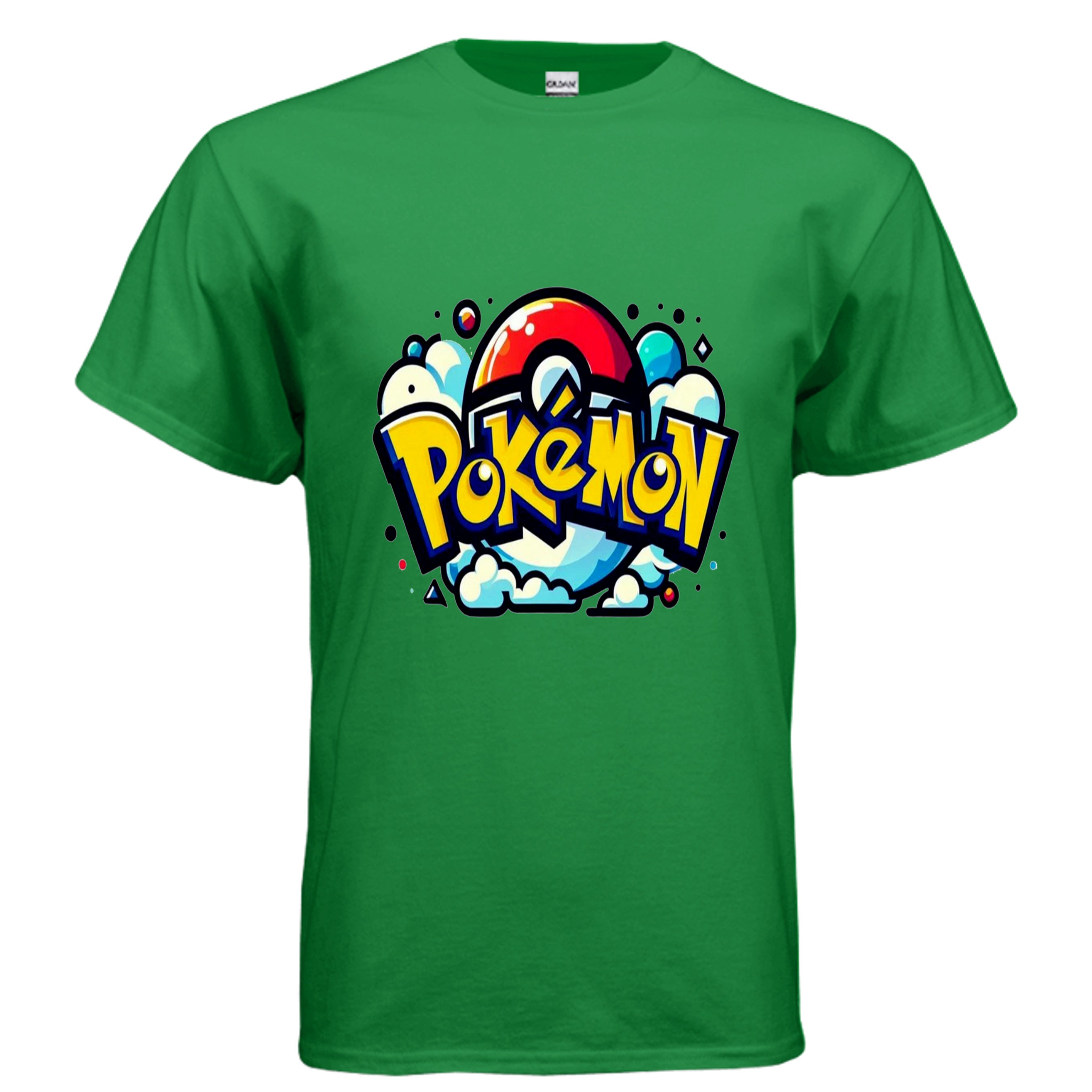 Green t-shirt with colorful 'Pokémon' logo on a white background