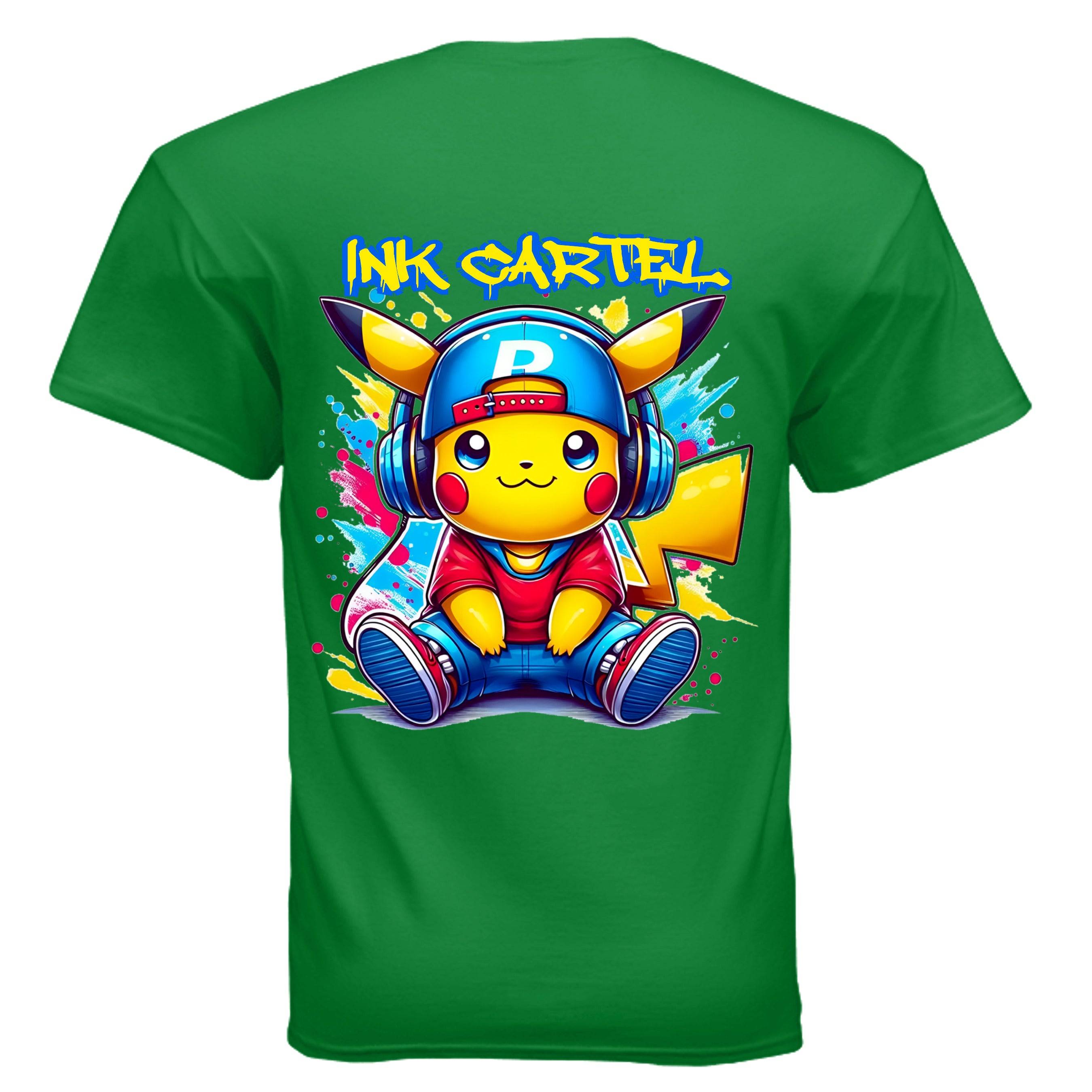 Green t-shirt with a cartoon character wearing headphones and colorful graphics on the back, featuring the 'Ink Cartel' brand.