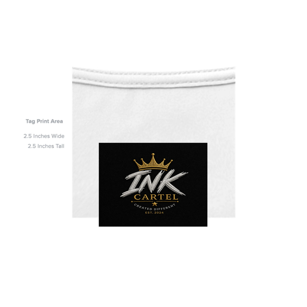 White underwear with Ink Cartel logo on a black tag print area
