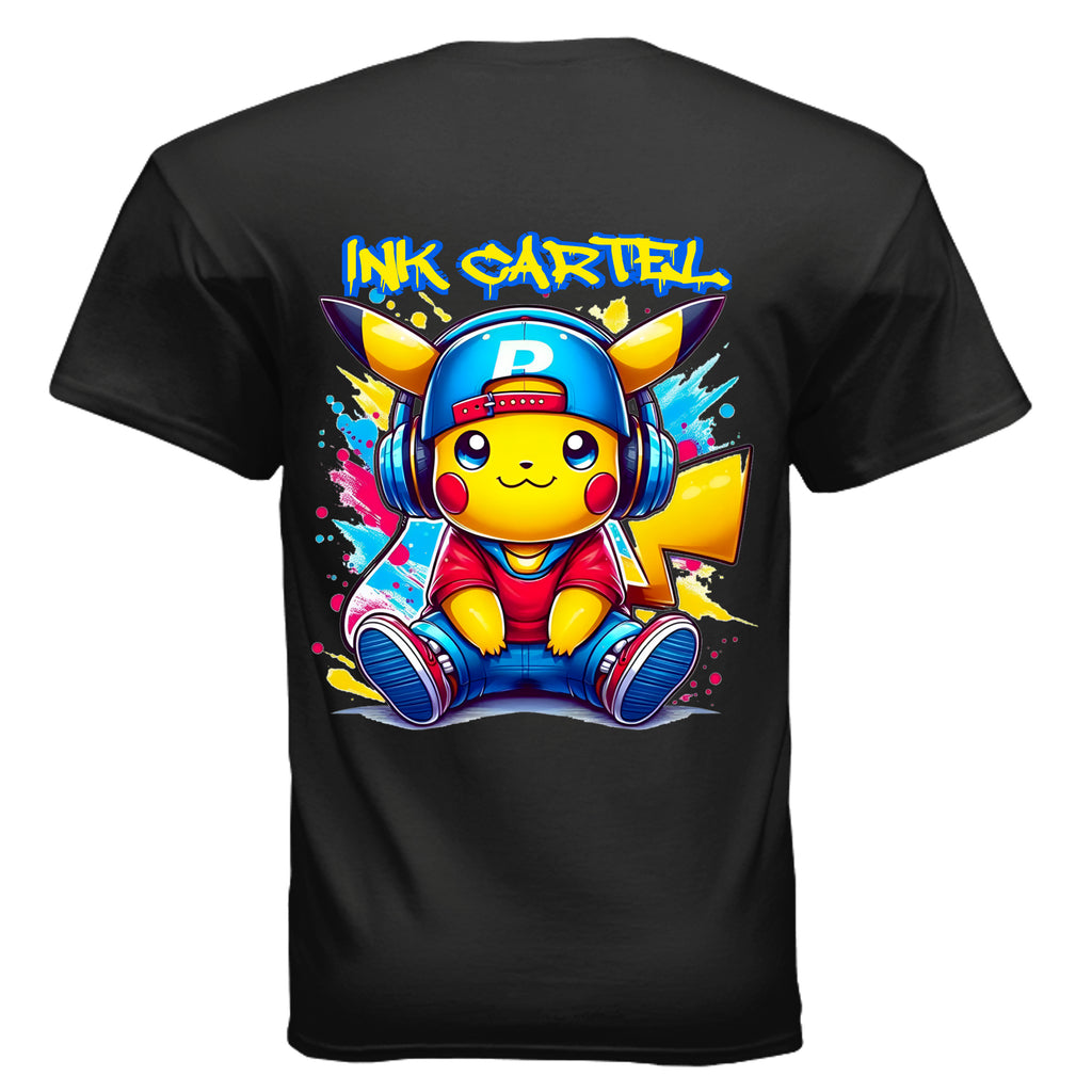 Black t-shirt with a colorful graphic of Pikachu wearing headphones and a cap, featuring the 'Ink Cartel' brand.