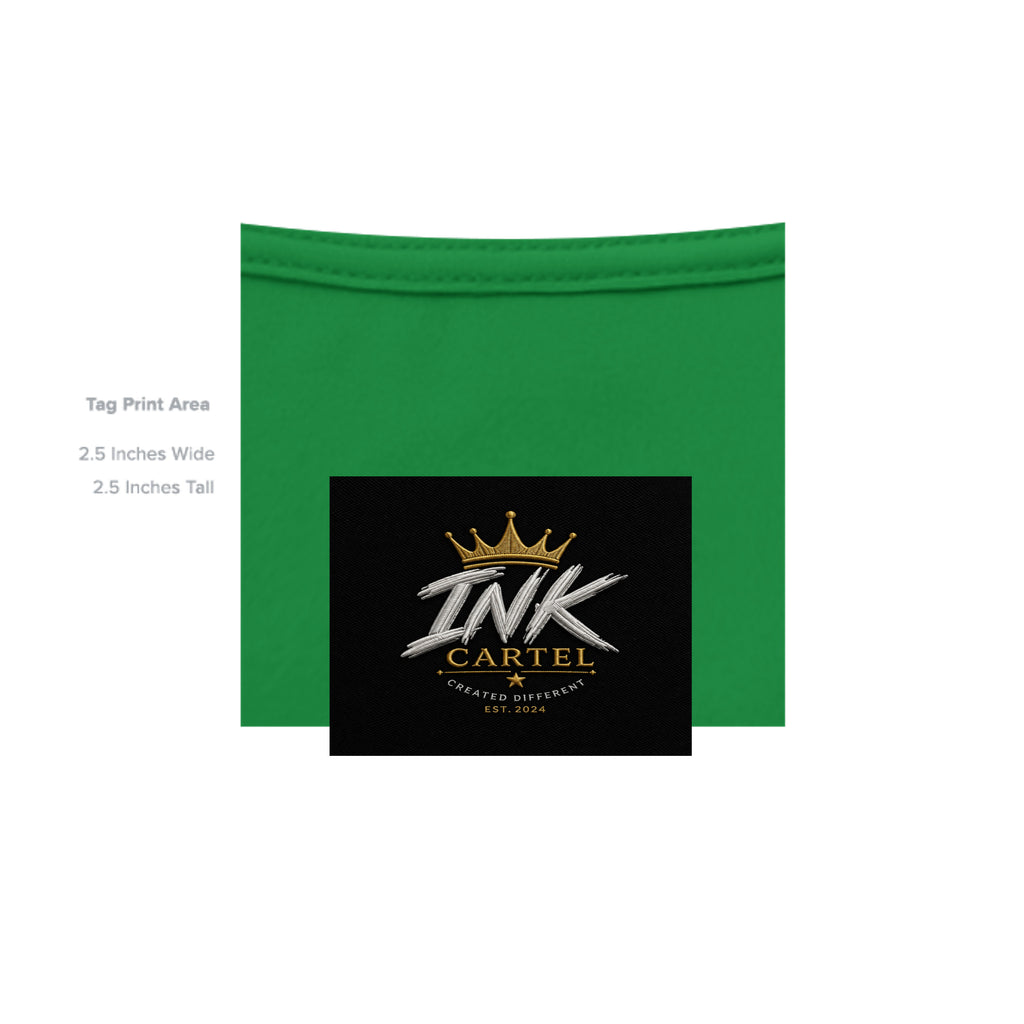 Green fabric with 'INK CARTEL' logo and text on a white background