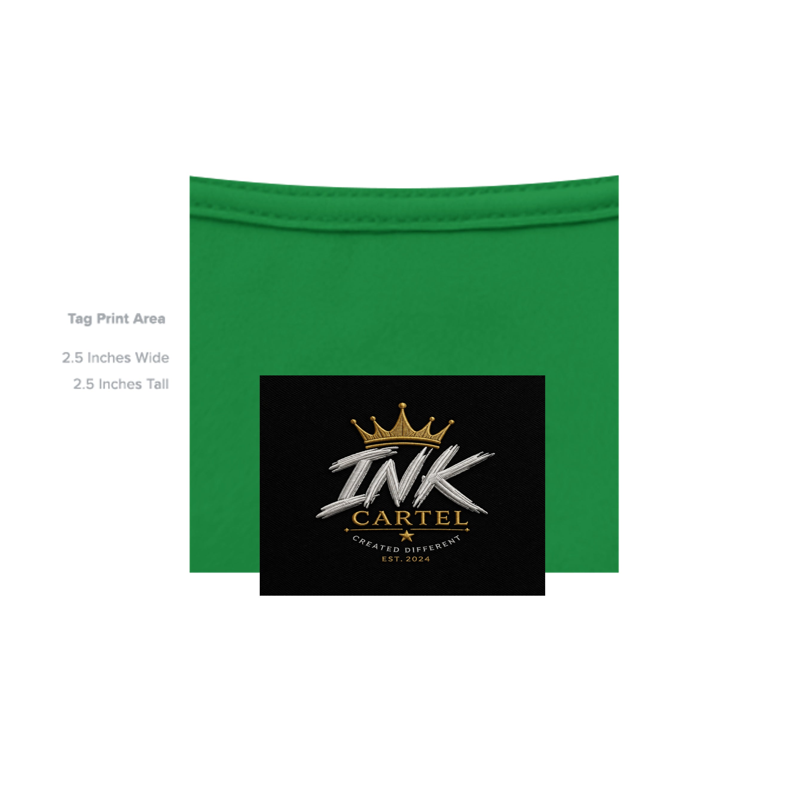 Green fabric with 'INK CARTEL' logo and text on a white background