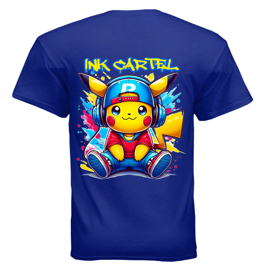 Blue t-shirt with a colorful graphic of Pikachu wearing headphones and a cap, featuring the 'Ink Cartel' brand.