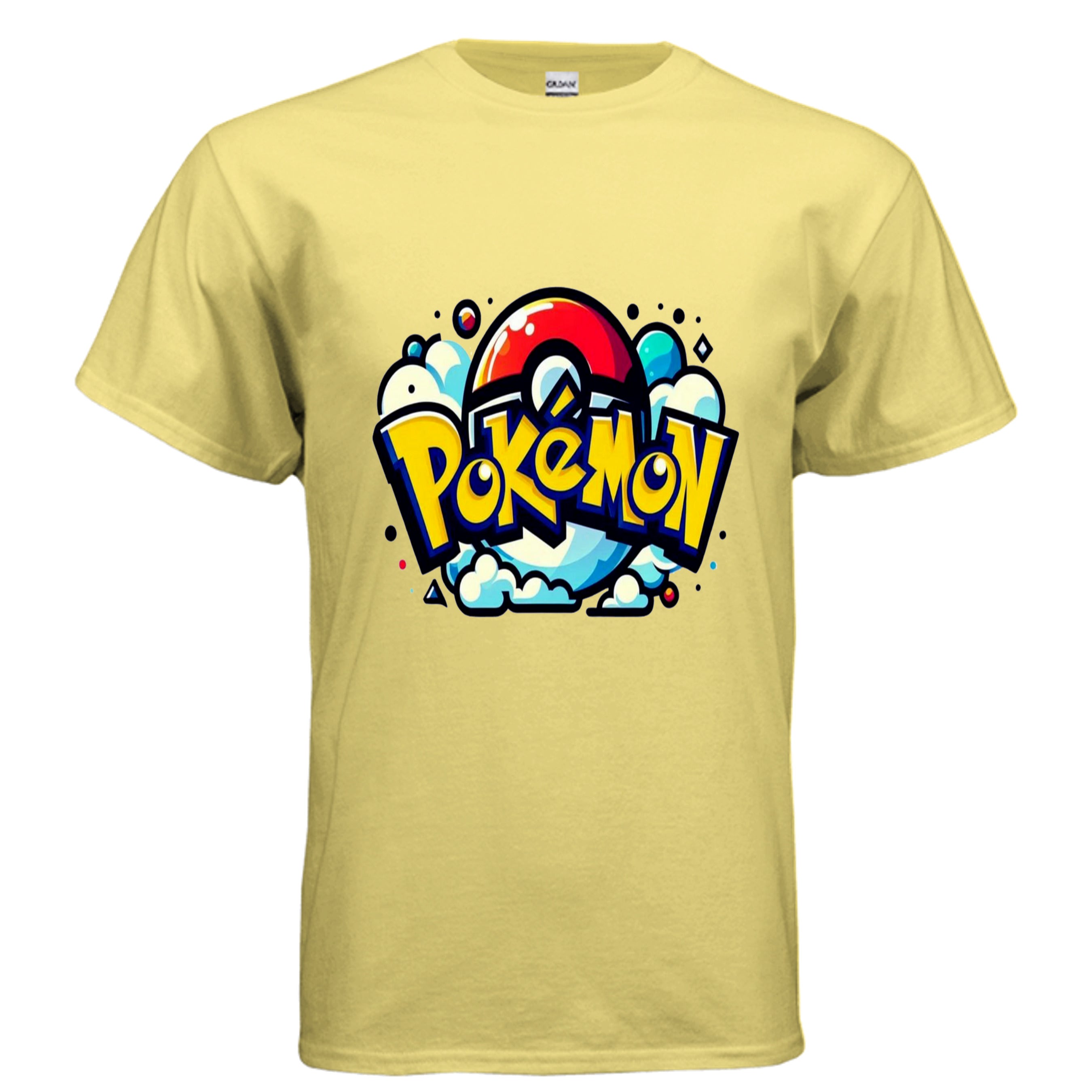 Yellow t-shirt with colorful 'Pokémon' logo on a white background