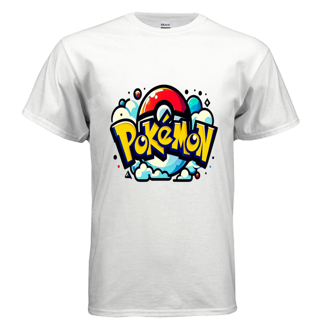 White t-shirt with colorful 'Pokémon' logo on a white background