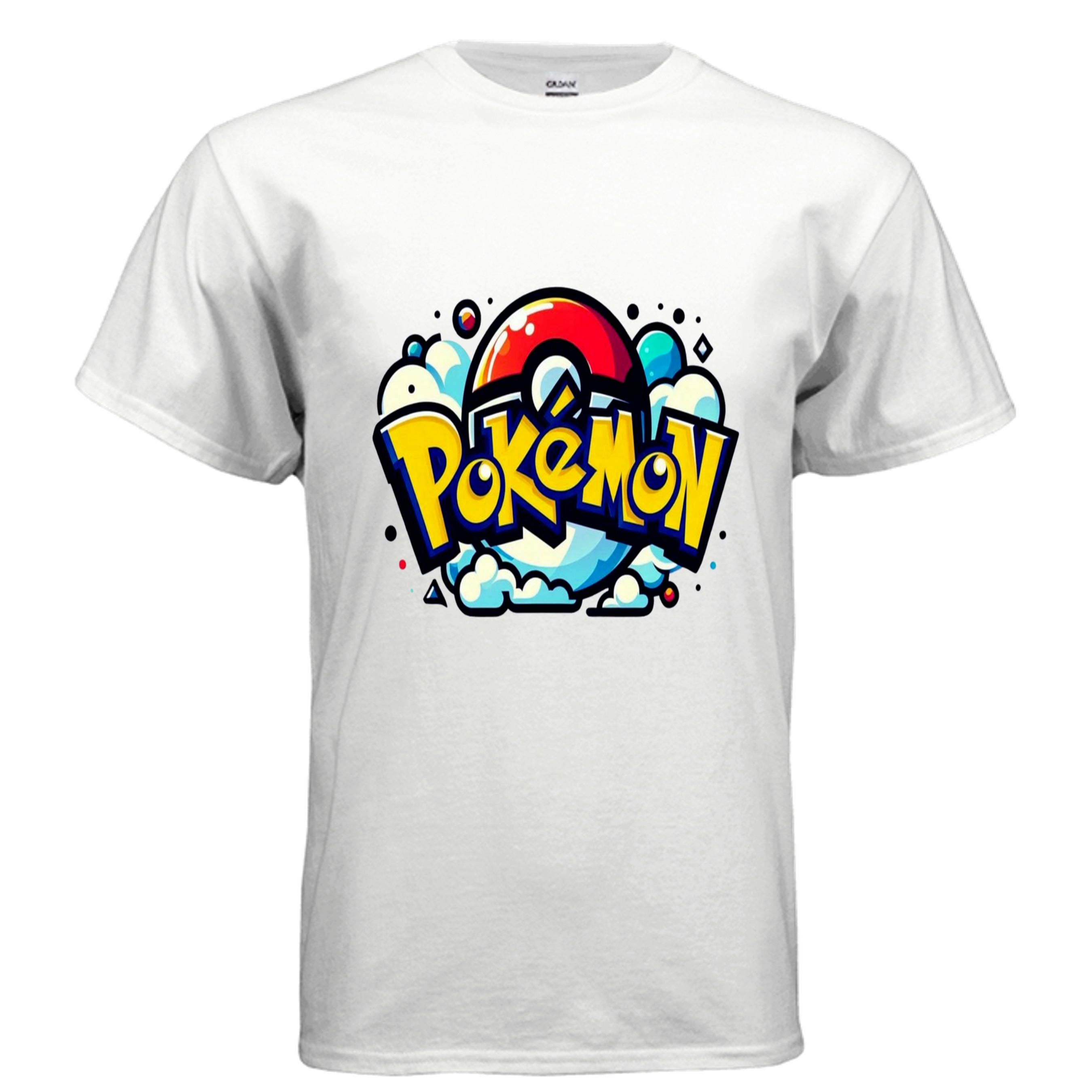 White t-shirt with colorful 'Pokémon' logo on a white background