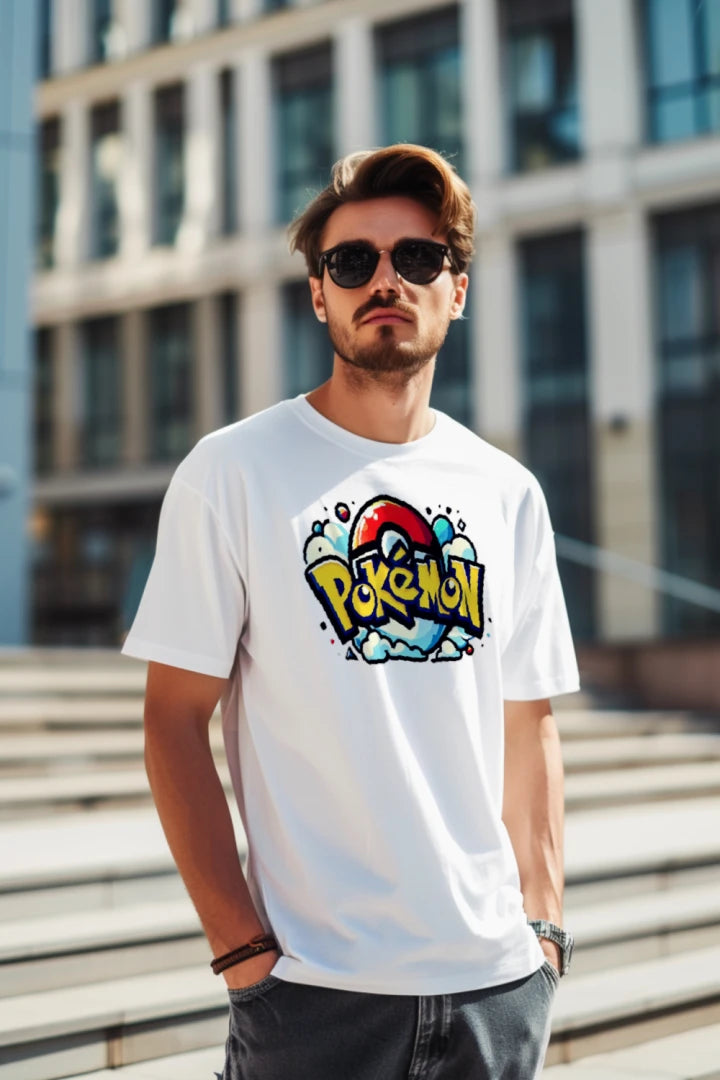 Man wearing a white t-shirt with a colorful 'Pokémon' logo in an urban setting.