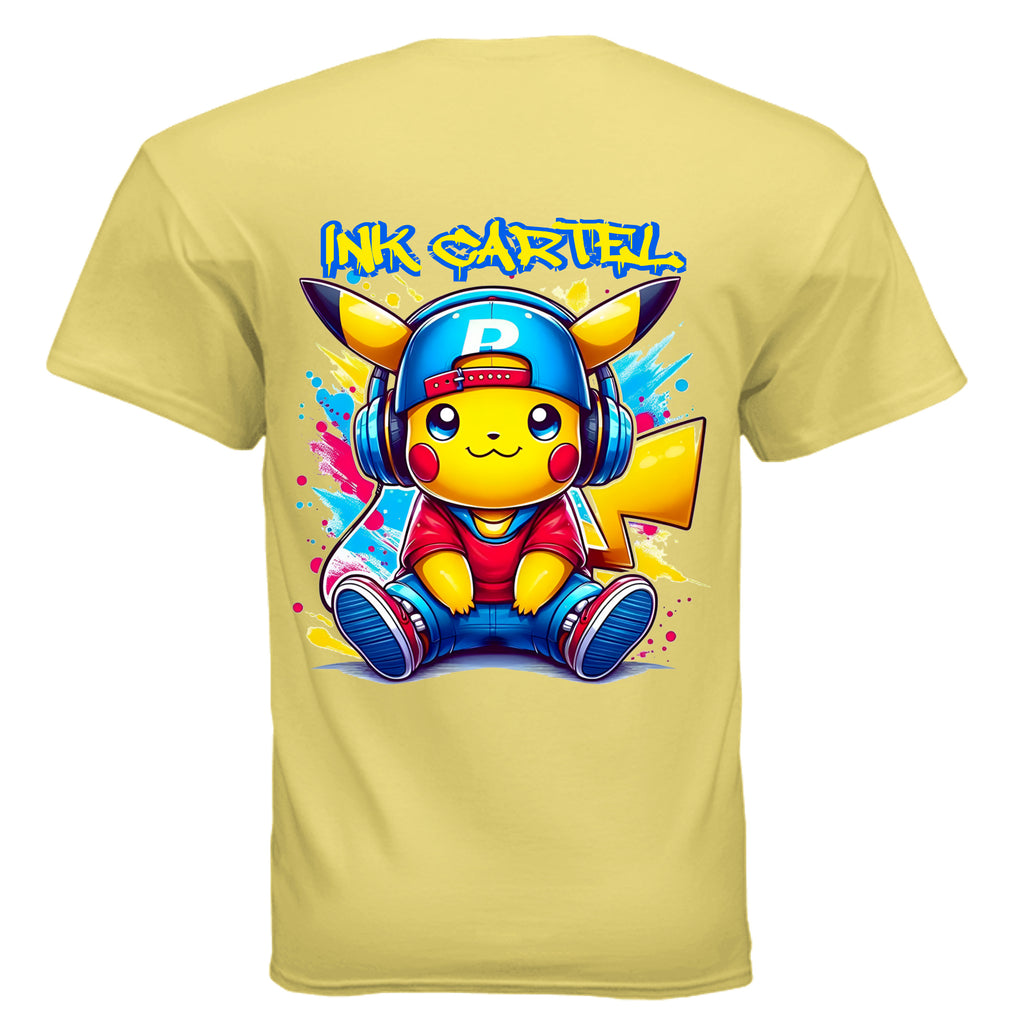 Yellow t-shirt with a cartoon character wearing headphones and a cap on the back, with 'Ink Cartel' text.