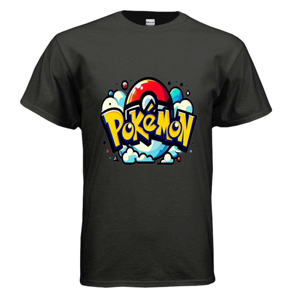 Black t-shirt with colorful 'Pokémon' logo on a white background
