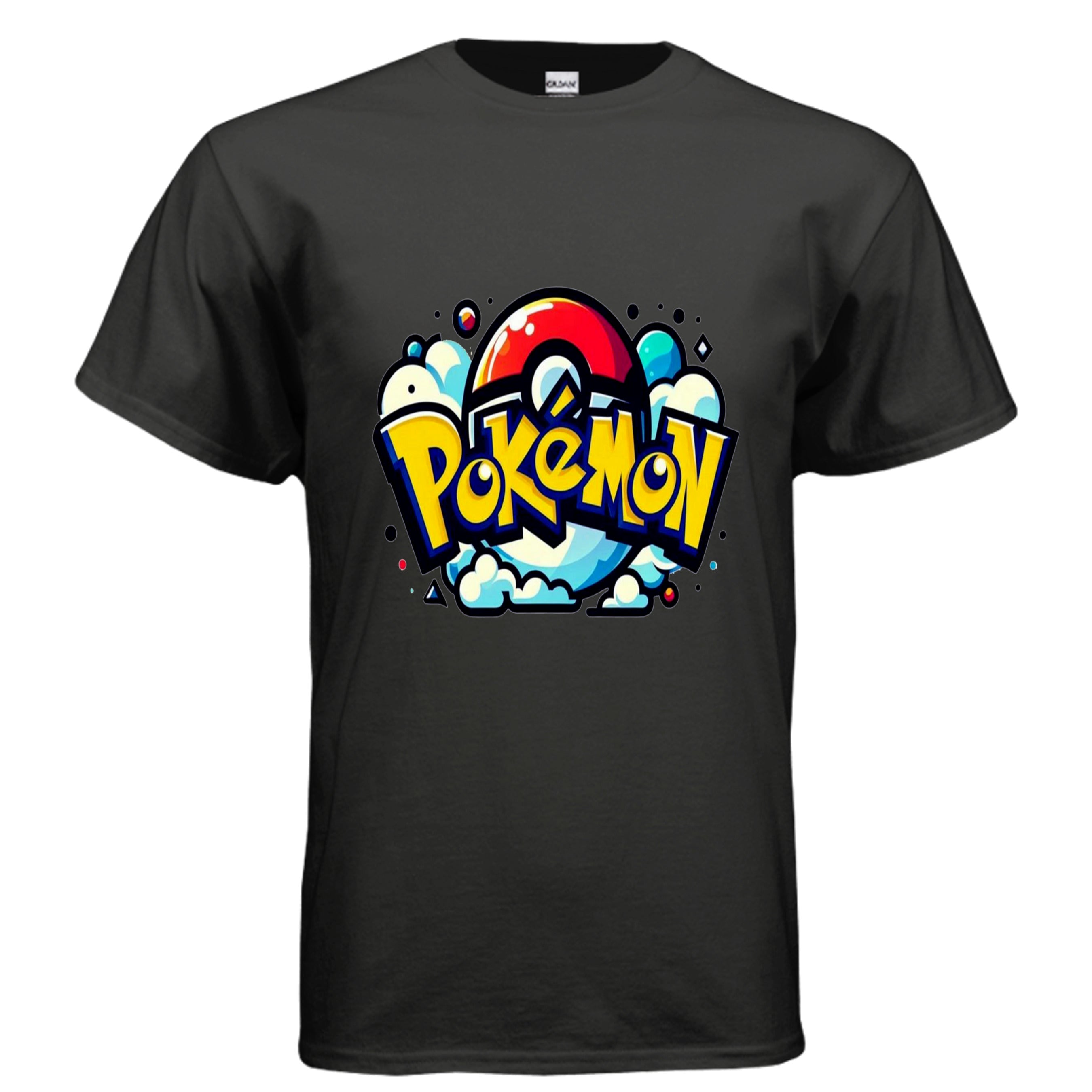 Black t-shirt with colorful 'Pokémon' logo on a white background