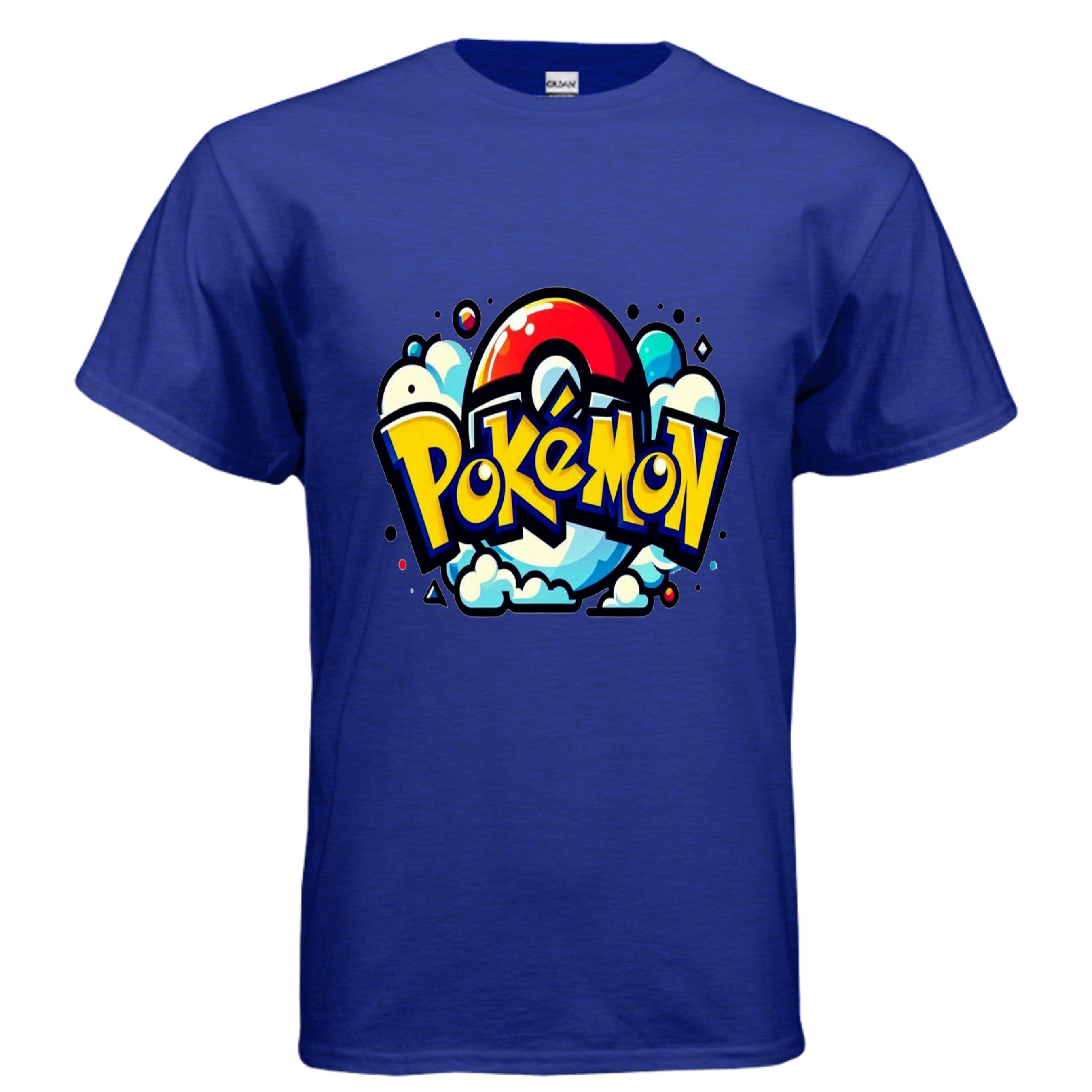Blue t-shirt with colorful 'Pokémon' logo on a white background