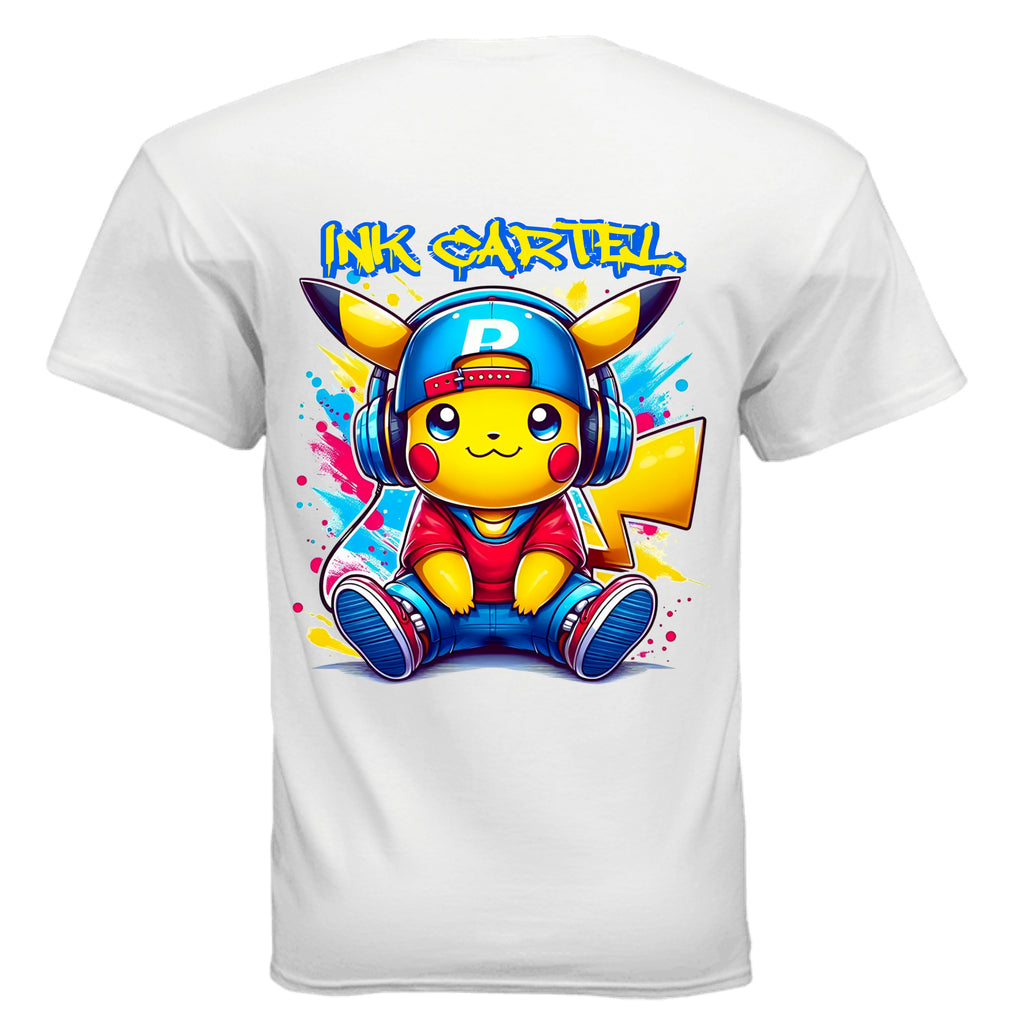 White t-shirt with a colorful graphic of a character wearing headphones and a 'P' hat, with 'Ink Cartel' text above.