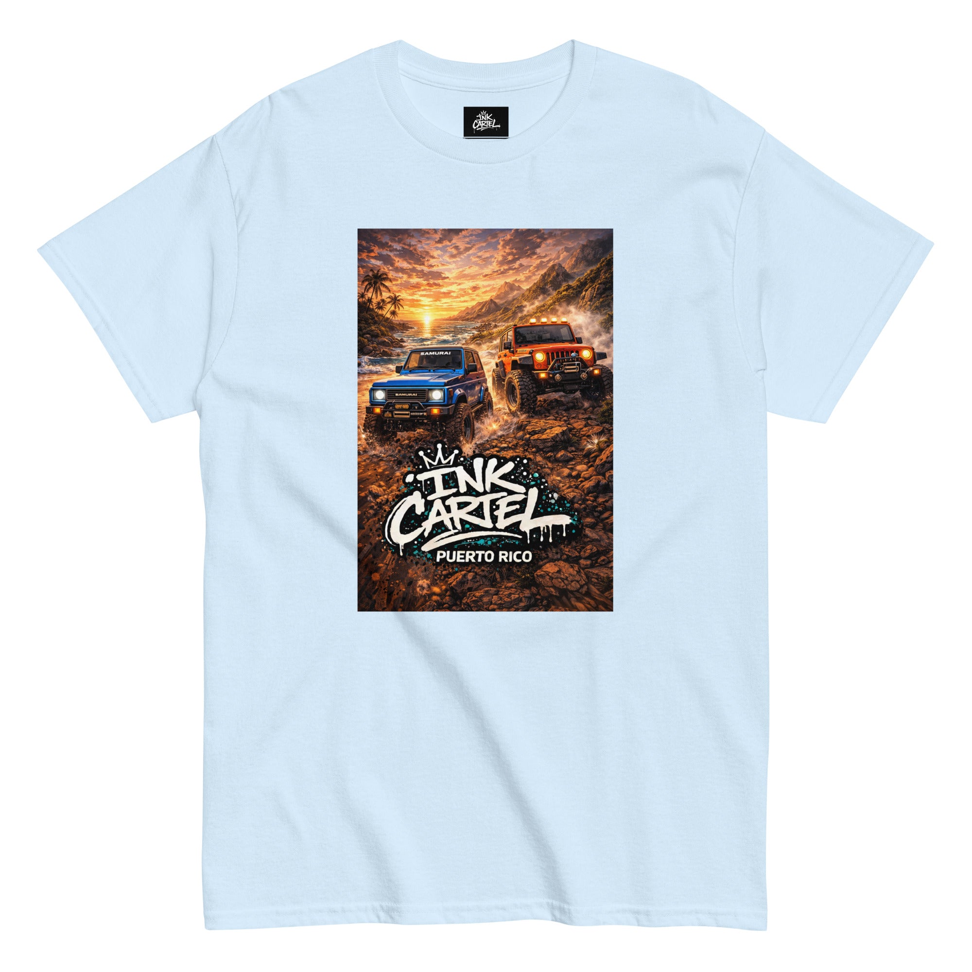 Light blue t-shirt with a graphic of two trucks and 'Ink Carre' text on a white background