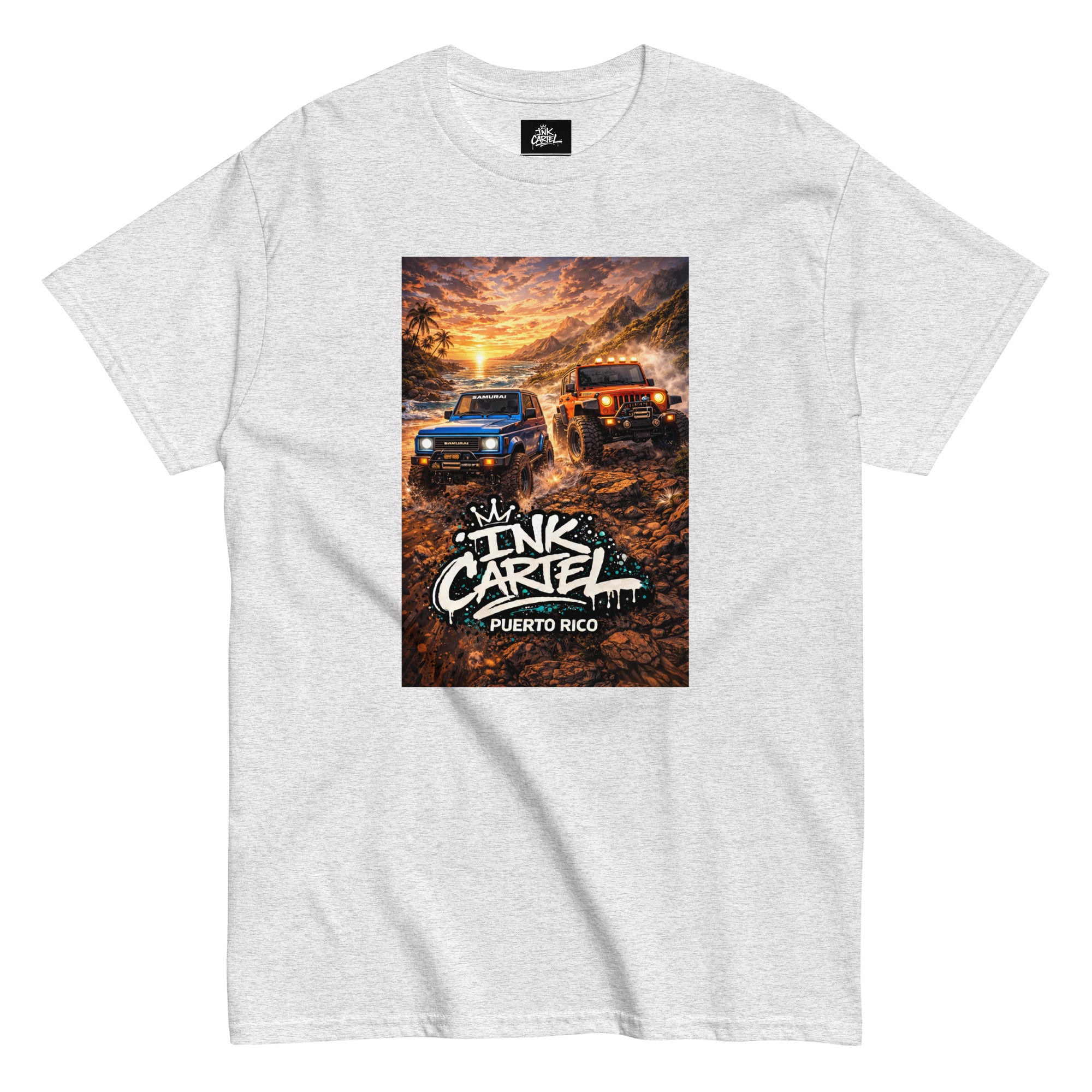 Gray t-shirt with a graphic of two trucks and 'Ink Caribe Puerto Rico' text on a white background