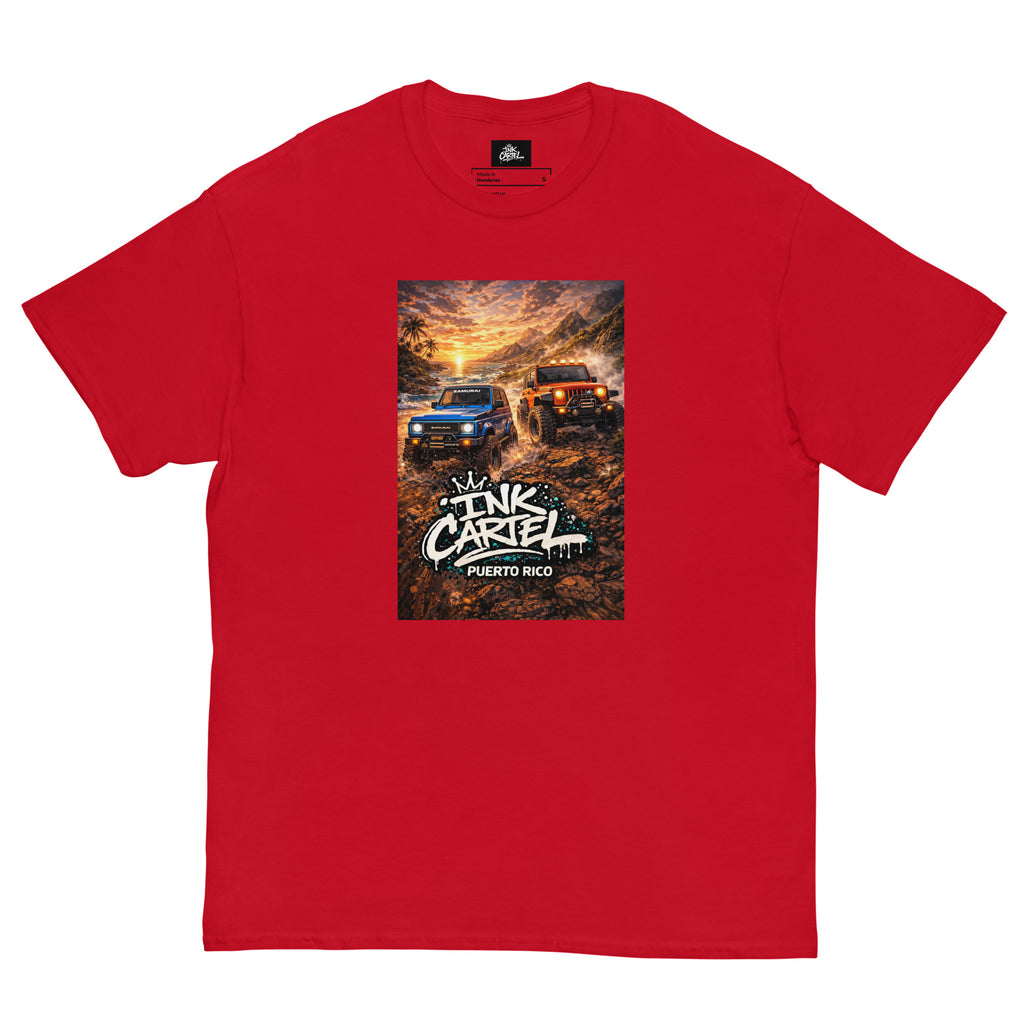Red t-shirt with a graphic of two off-road vehicles and 'Ink CarTEL Puerto Rico' text on a white background.
