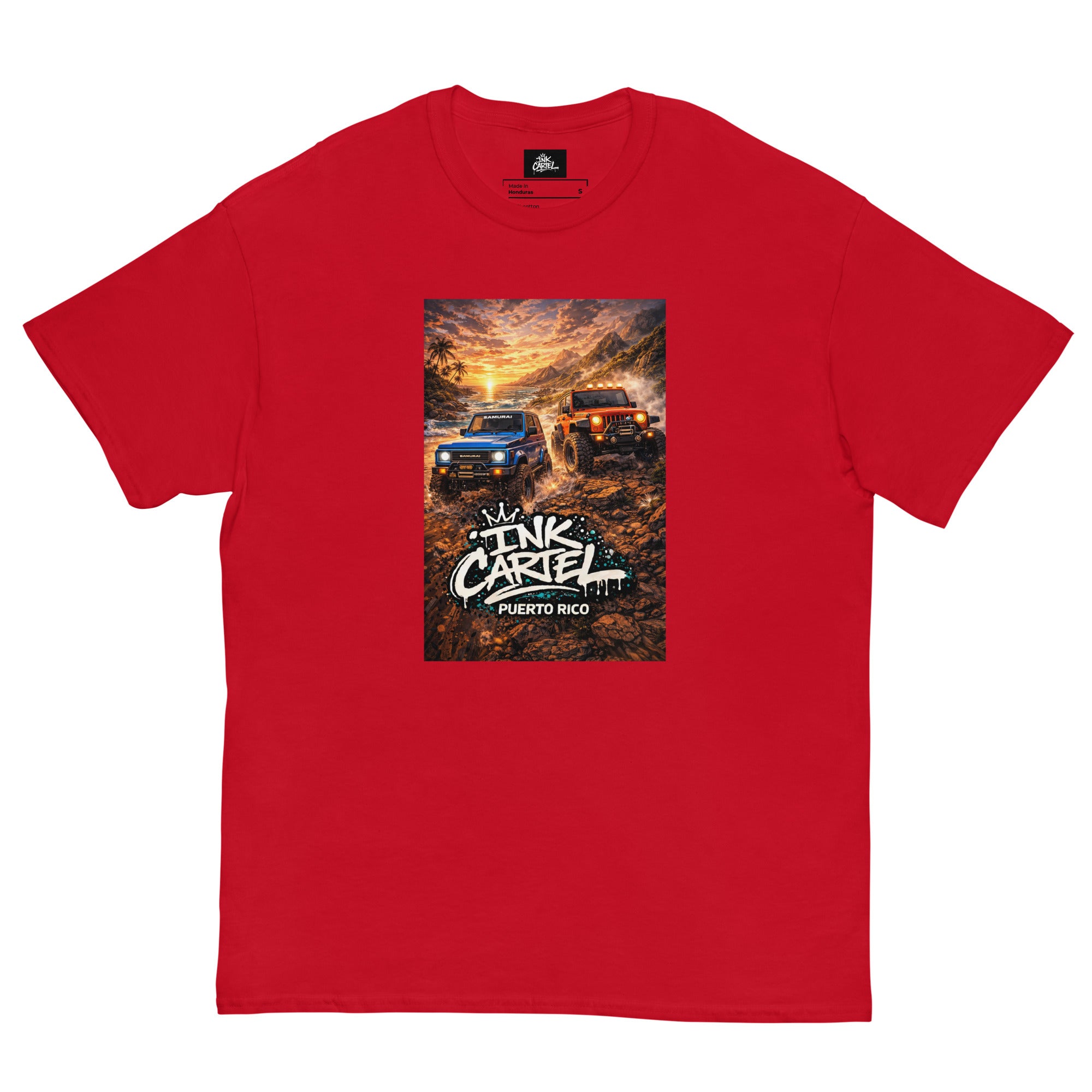Red t-shirt with a graphic of two off-road vehicles and 'Ink CarTEL Puerto Rico' text on a white background.